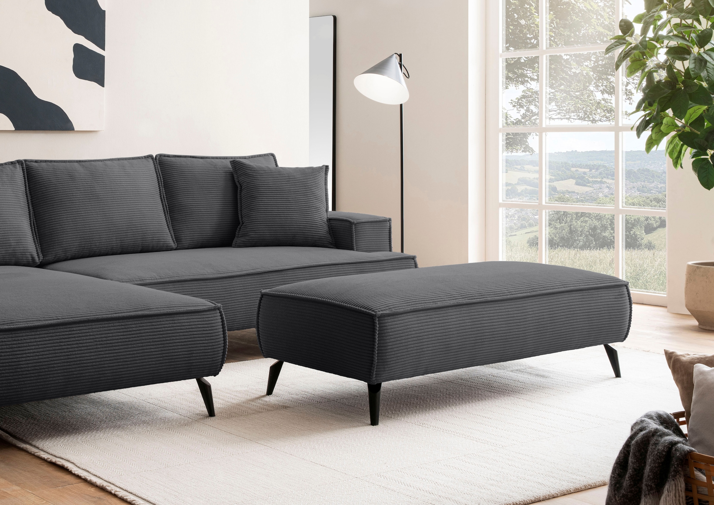 andas Hocker »TVINNU, mit Kedernaht, Cord u. Flachgewebe« zur Serie TVINNU, gemütlicher Sitzkomfort, rechteckig, schwarze Füße