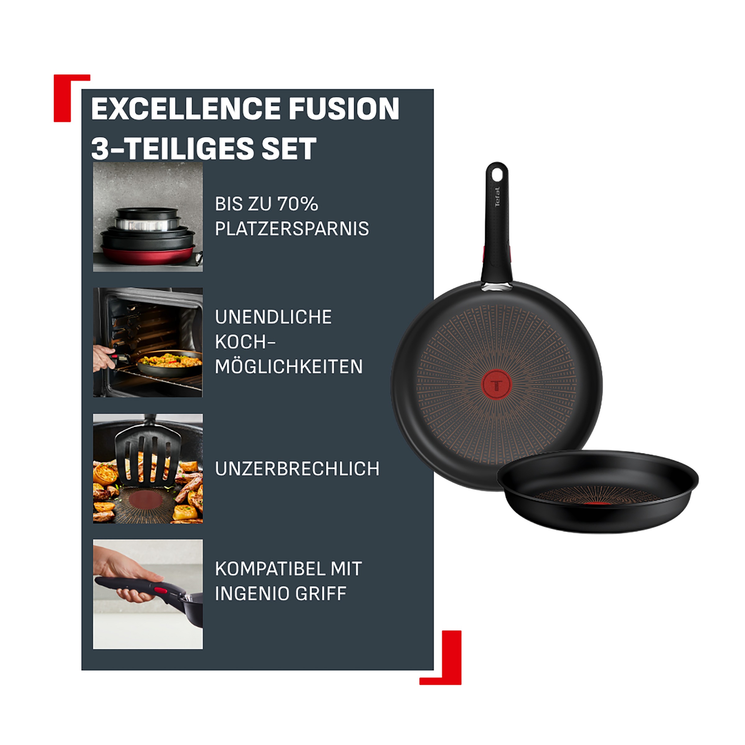 Tefal Pfannen-Set »Ingenio Excellence Fusion« Aluminium Set, 3 tlg. abnehmbarer Ingenio-Griff, Thermo-Signal, stapelbar, Induktion