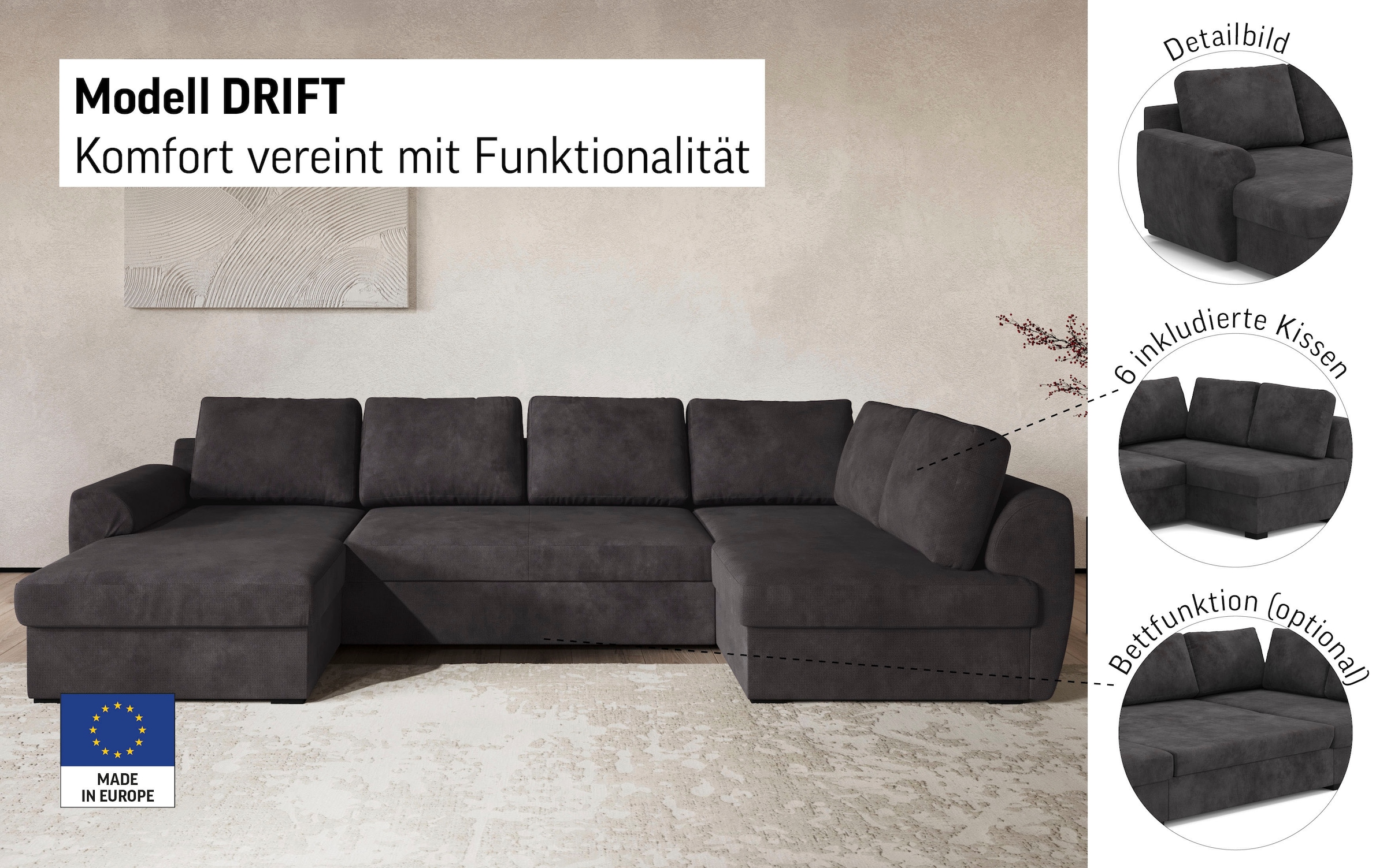 COTTA Wohnlandschaft »Drift U-Form Recamiere, Breite 327 cm« optional auch mit Schlaffunktion, Wellenunterfederung