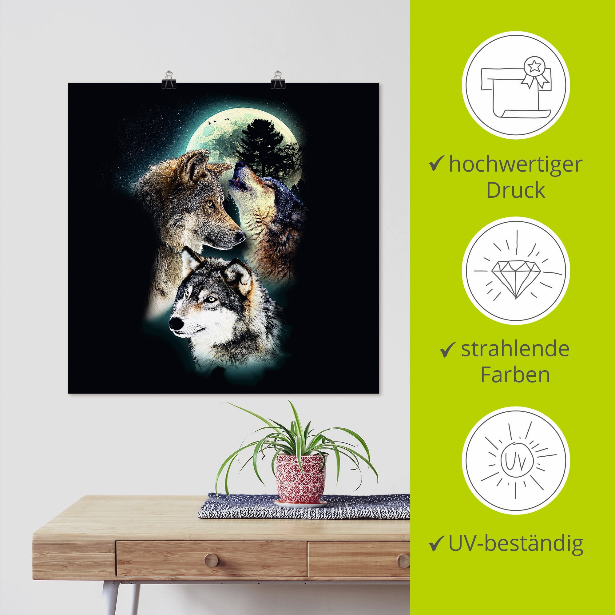 Artland Poster »Phantasie Wolf Wölfe mit Mond« Wildtiere 1 Stk. tlg. ohne Rahmen
