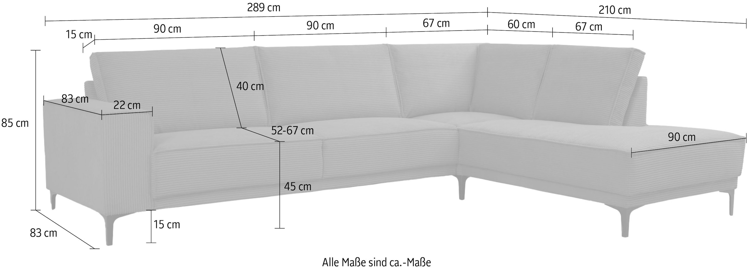 Places of Style Ecksofa »Polsterecke Oland, Struktur, Flachgewebe, Luxus-Microfaser, Boucle«, L-Form, 289 cm, Wellenunterfederung, Skandi-Design, Metallfüße