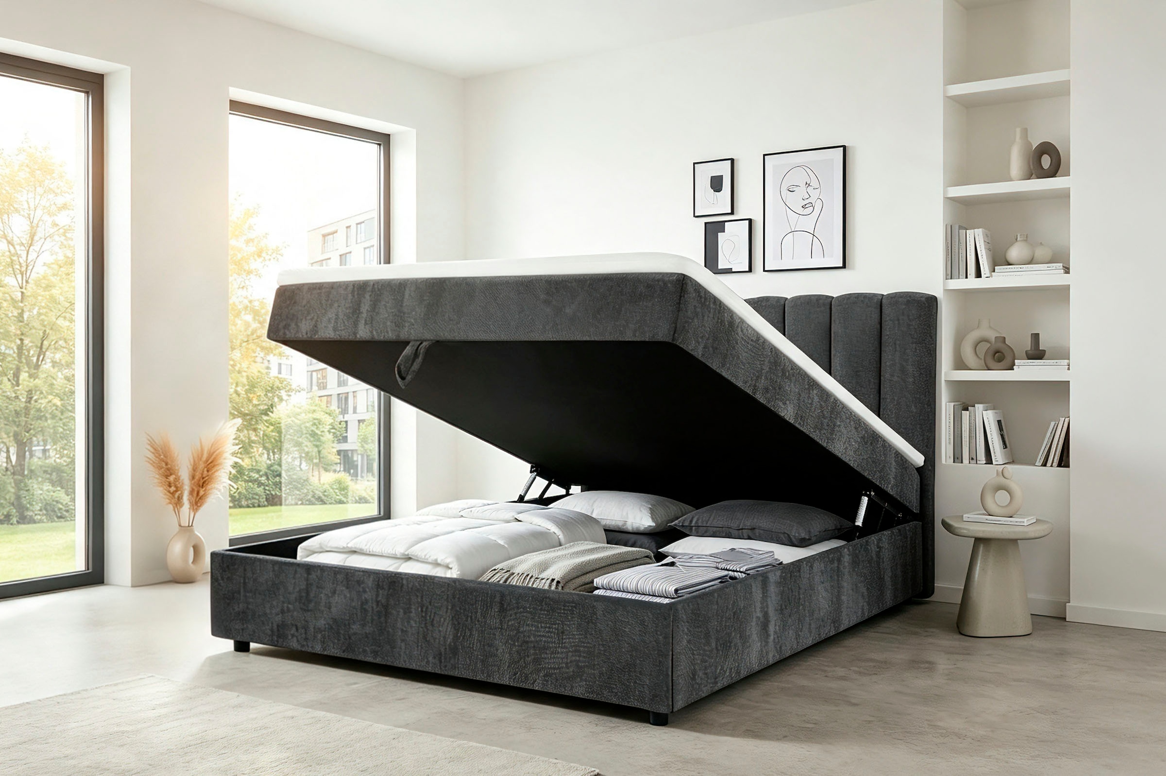 OTTO home Boxbett »HAILEYY, Polsterbett mit Bettkasten, inkl. Taschenfederkernmatratze H3« mit Kaltschaumtopper, Chenille-Bezug, 140x200 & 180x200 cm