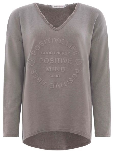 Zwillingsherz Sweatshirt »"Positive Mind"«, ausgefranster V-Ausschnitt, Used Look, Langarm, Schriftzug