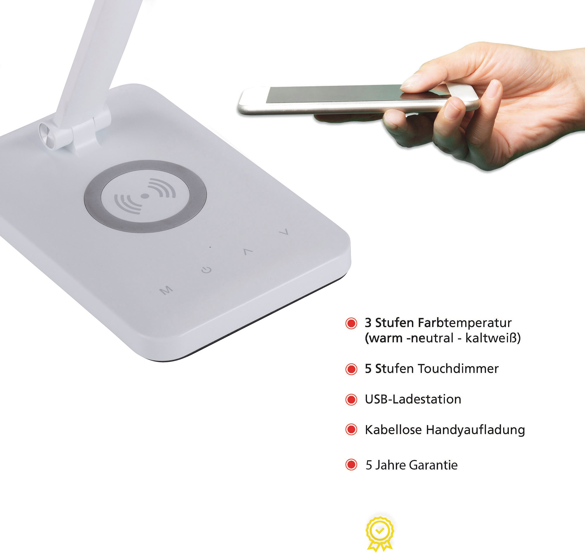 JUST LIGHT LED Tischleuchte »FLORENTINA«, 1 flammig, Leuchtmittel LED-Board | LED fest integriert, Touchdimmer, CCT, Ladefunktion für Handy über USB oder per Induktion