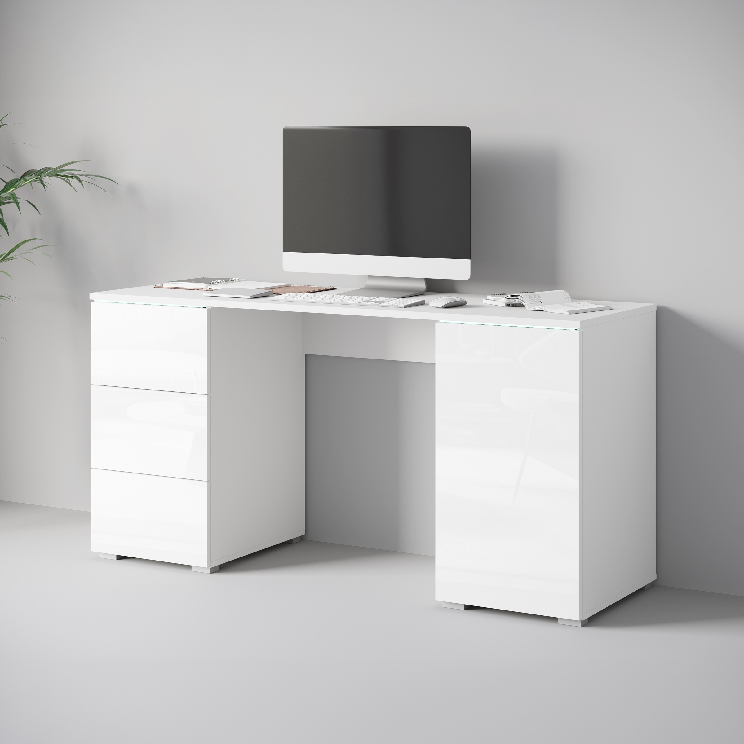 INOSIGN Schreibtisch »Vera«, (1 St.), Bürotisch mit LED, Push-to-Open, 3 Schubladen & Stauraum