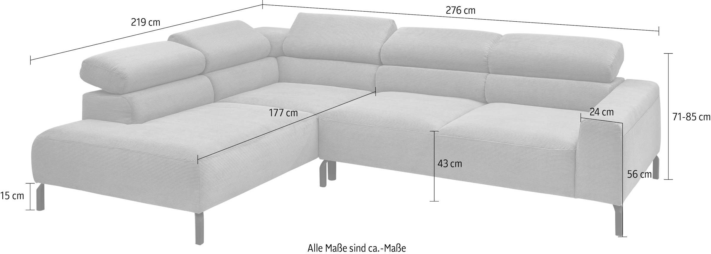 Places of Style Ecksofa »Antonelli, L-Form, incl. Kopfteilverstellung, Breite 276 cm«, wahlweise elektrische Sitztiefenverstellung