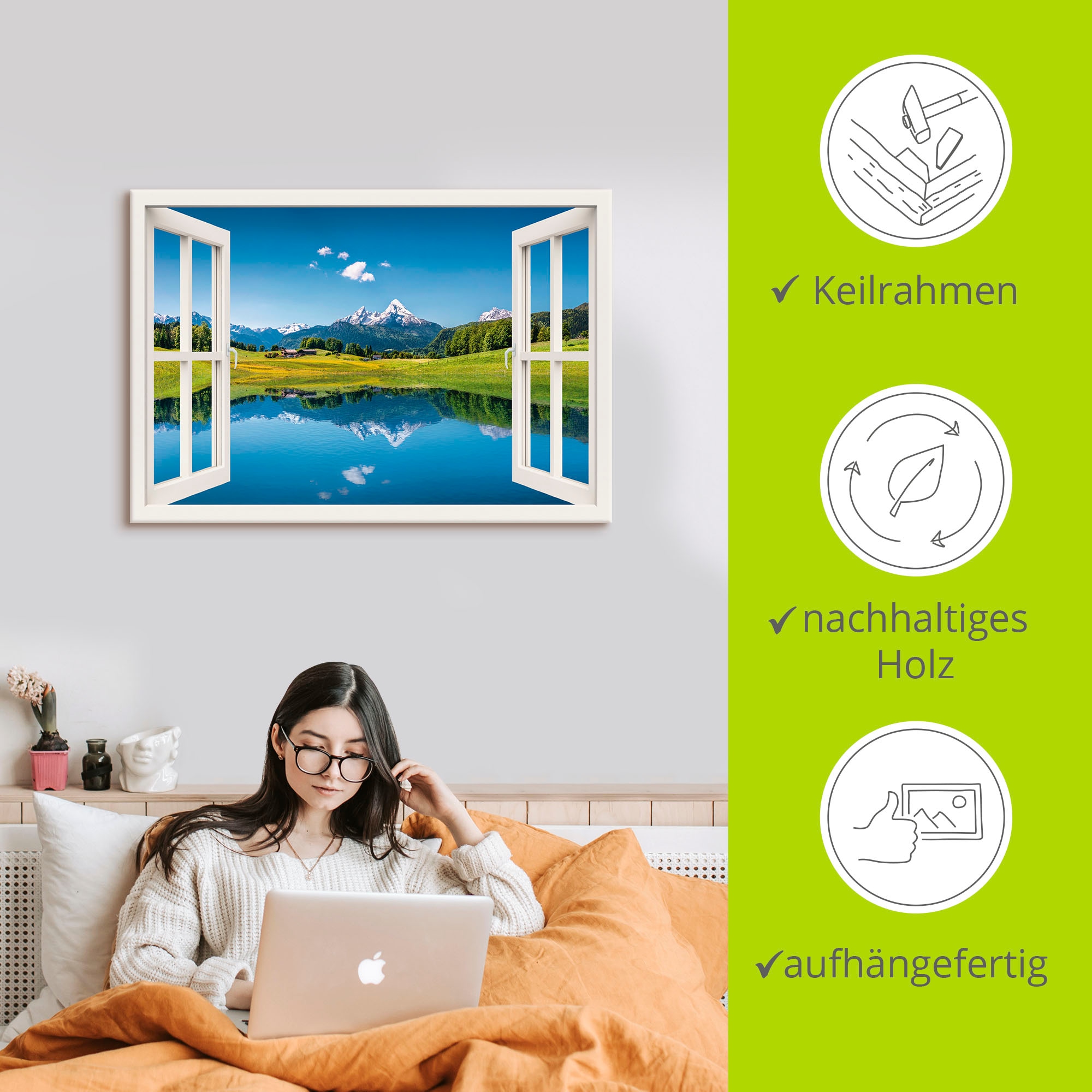 Artland Wandbild »Fensterblick Alpen und Bergsee«, Berge, (1 St.), als Leinwandbild, Poster, Wandaufkleber in verschied. Größen