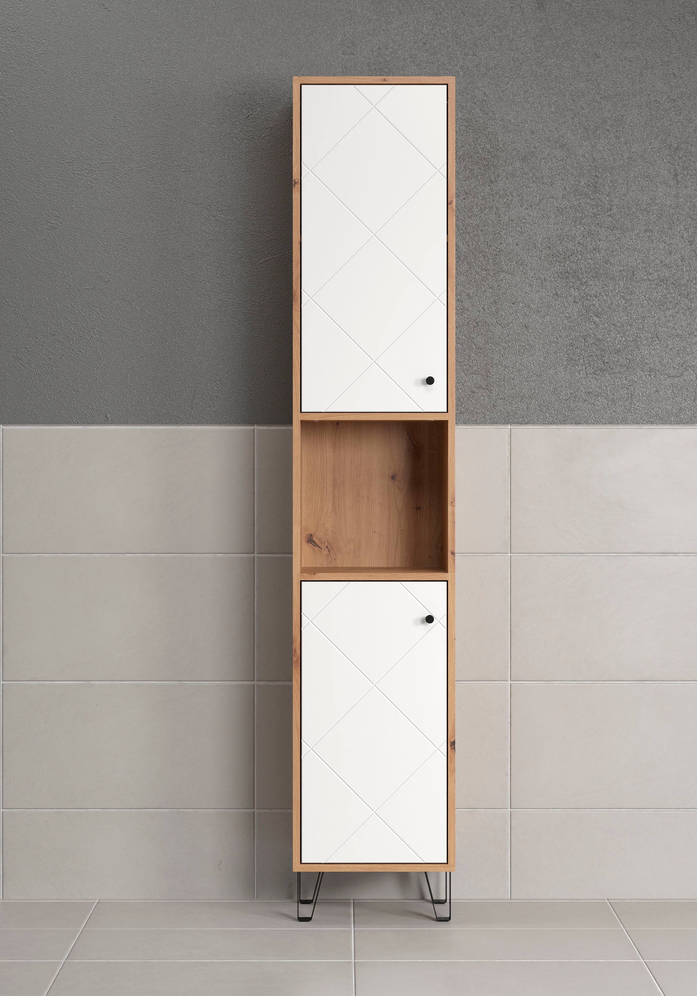 Places of Style Hochschrank »Tarragona«, (1 St.), Breite 36 cm, 2 Türen, Retro Metallfüße, matt, braune Holzoptik / weiß