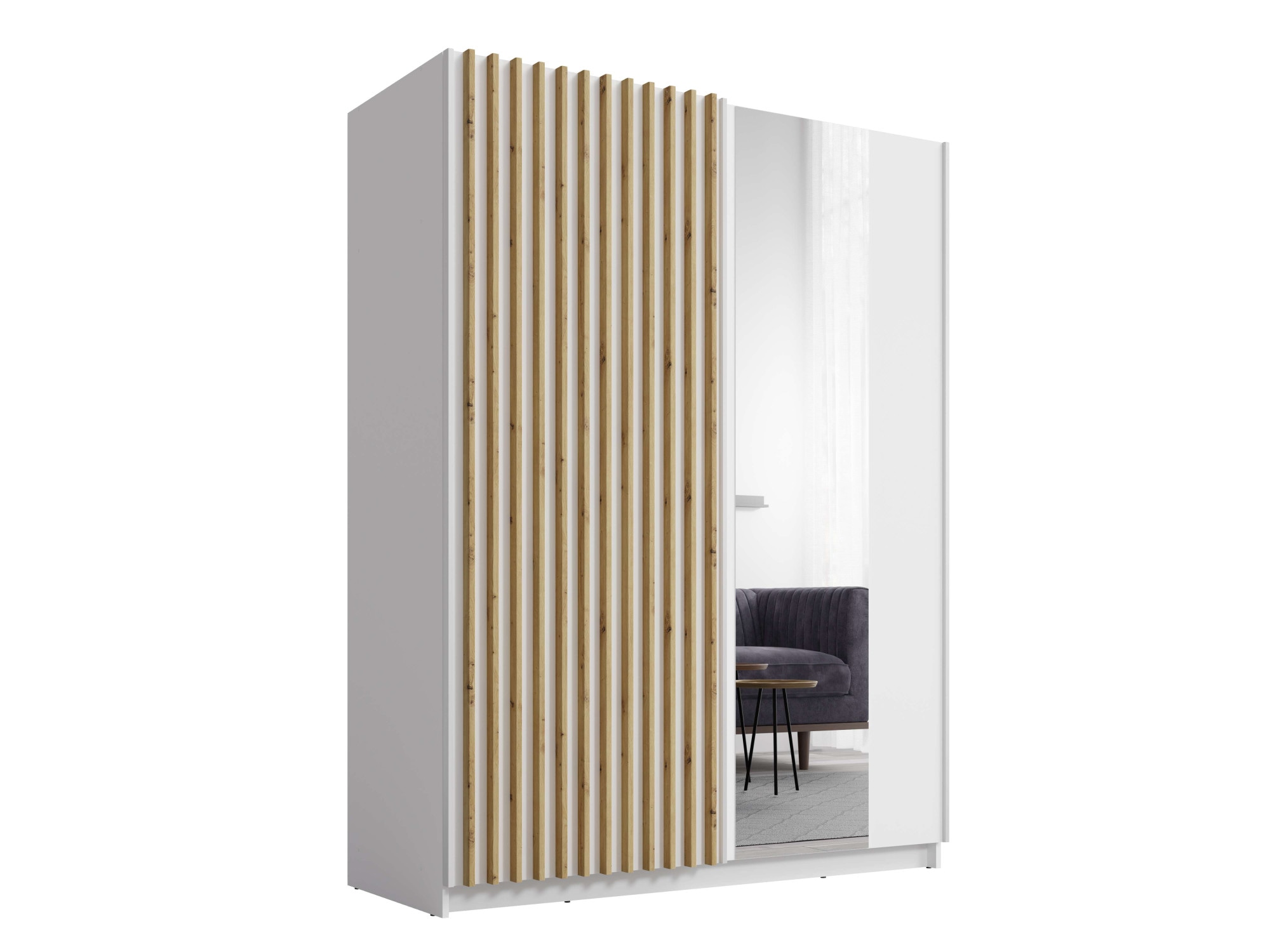 INOSIGN Kleiderschrank »Kleiderschrank Camden mit Spiegel, 4 Einlegeböden und Kleiderstange«, Garderobe mit 2 Schwebetüren und Lamellen, BxHxT 150,5x198,5x61,6 cm