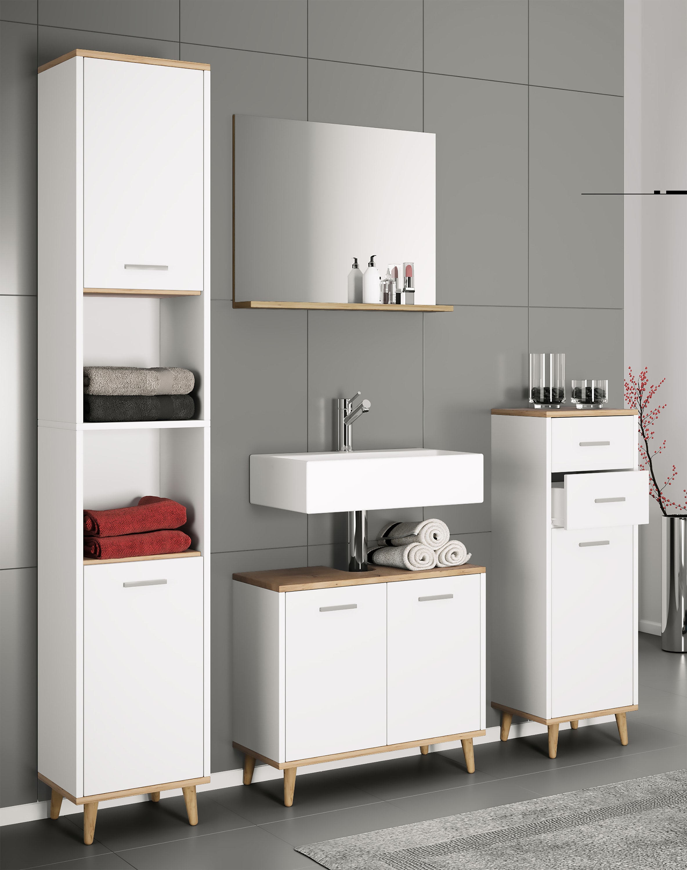 VCM Waschbeckenunterschrank »VCM 4-tlg. Badmöbelset | Badmöbel | Set aus Unterschrank, Midischrank, Hochschrank und Spiegel | Badezimmermöbel - Landos«, (4 St.)