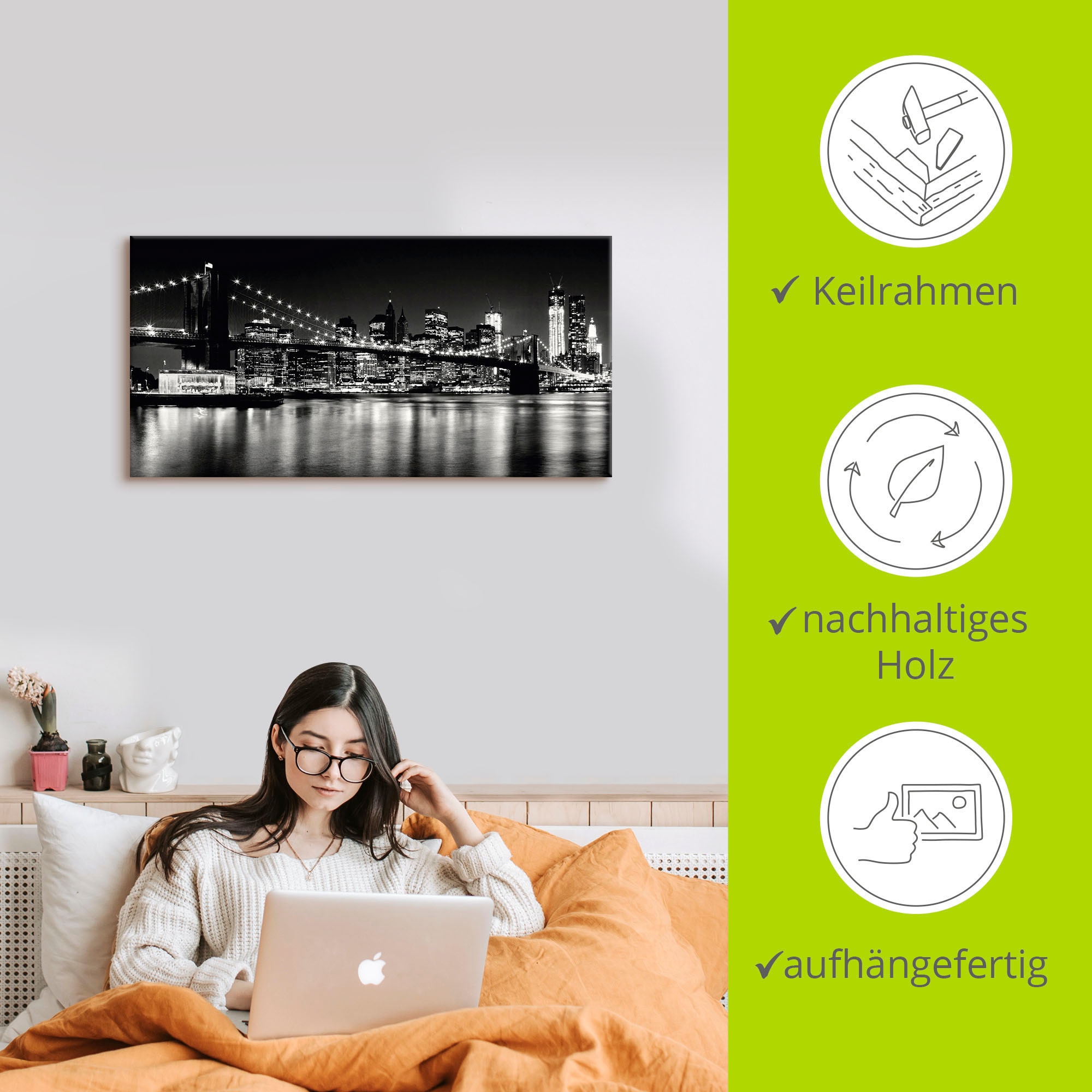 Artland Leinwandbild »Nächtliche Skyline Manhattan I« Amerika 1 Stk. tlg. auf Holzrahmen gespannt