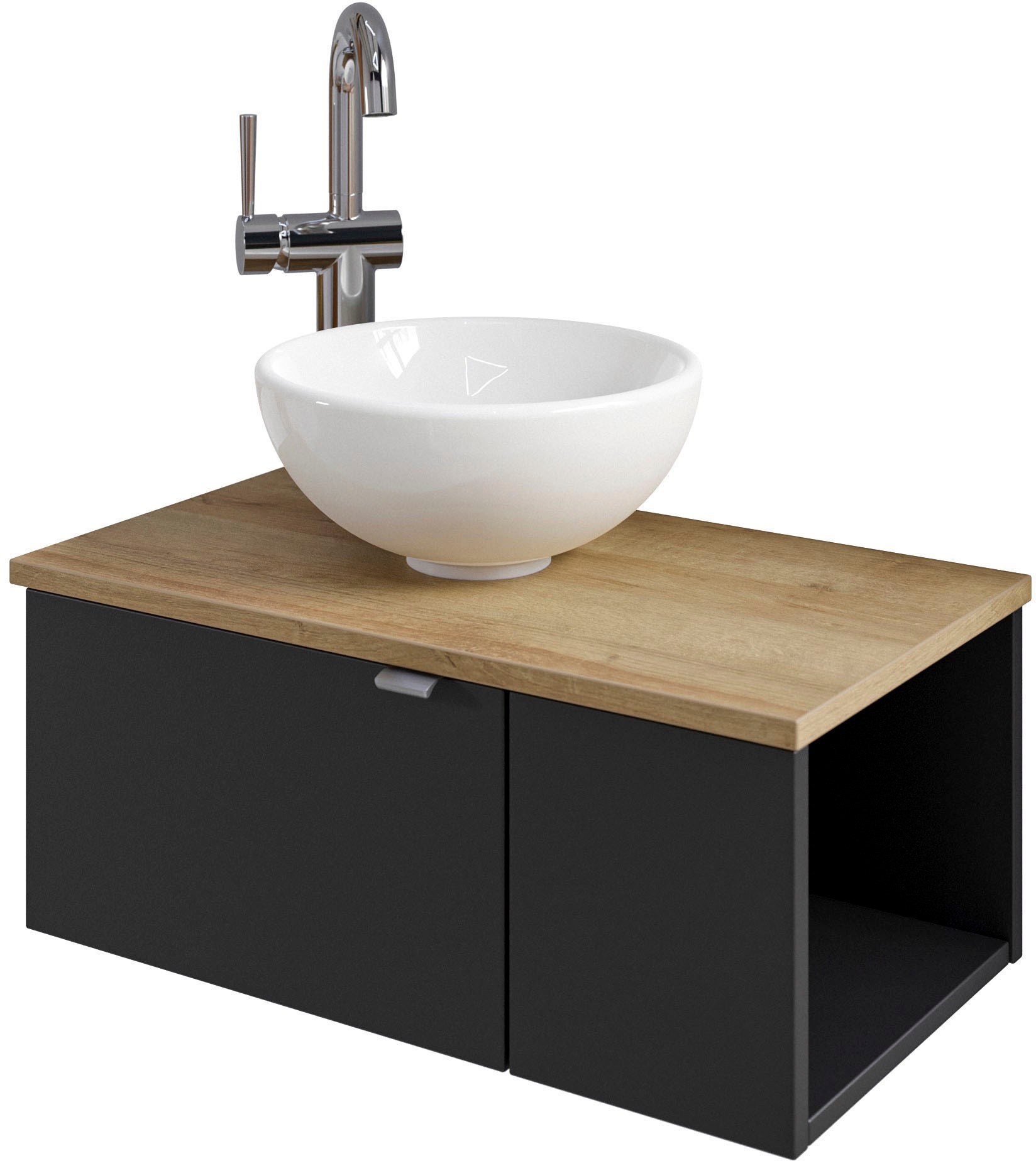 Saphir Waschtisch "Serie 6915 Waschschale mit Unterschrank für Gästebad, Gäste WC" Keramik-Aufsatzbecken, Waschtischplatte, Waschtischunterschrank, 3 Stk. tlg. 61 cm breit, 2 Türen, offenes Fach, kleine Bäder, ohne Armatur