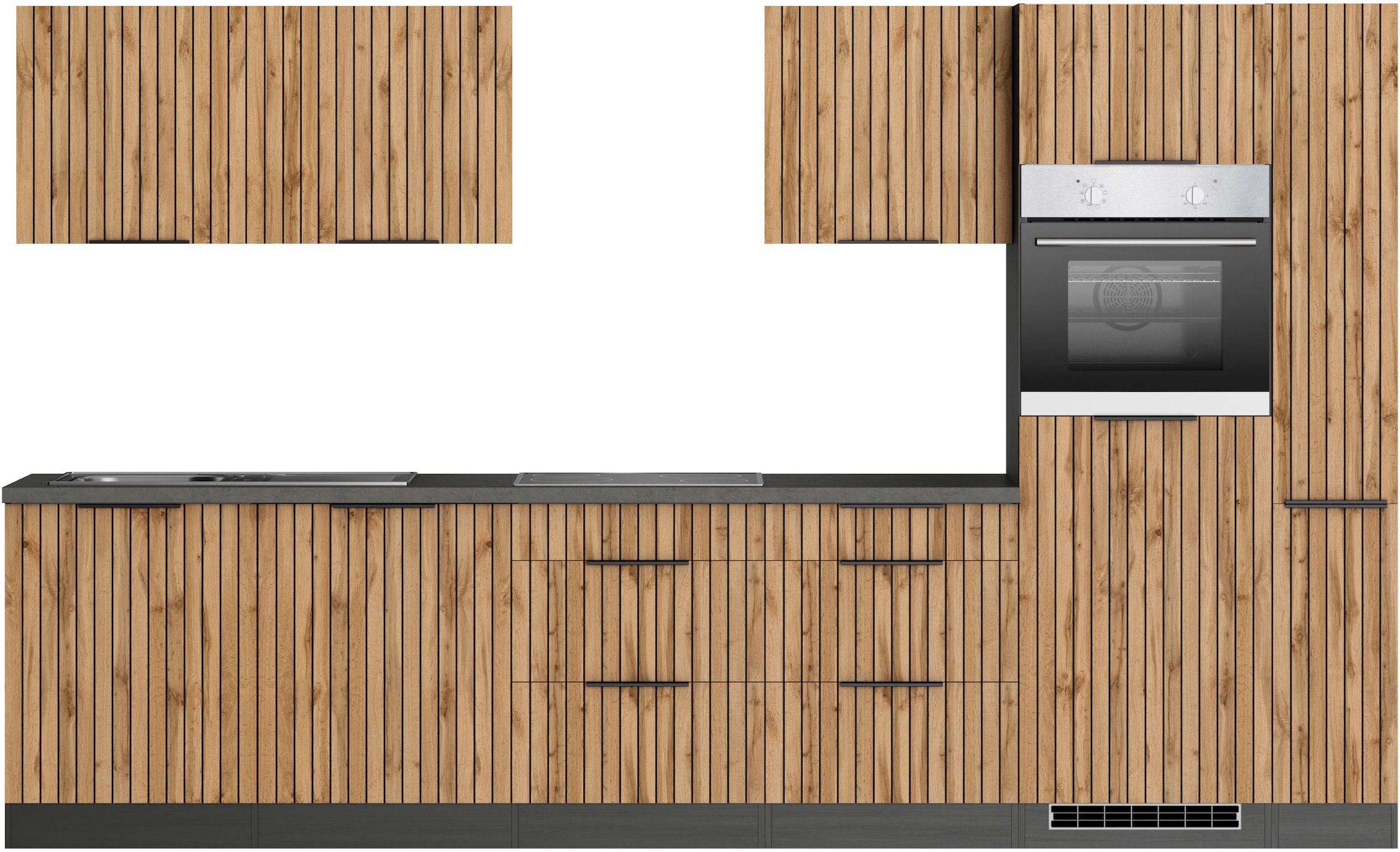 KOCHSTATION Küchenzeile »KS-Lagos, wahlweise mit E-Geräten, Spüle edelstahl oder schwarz« Breite 330cm, Ceran-oder Induktionskochfeld,mit oder ohne Kühlschrank