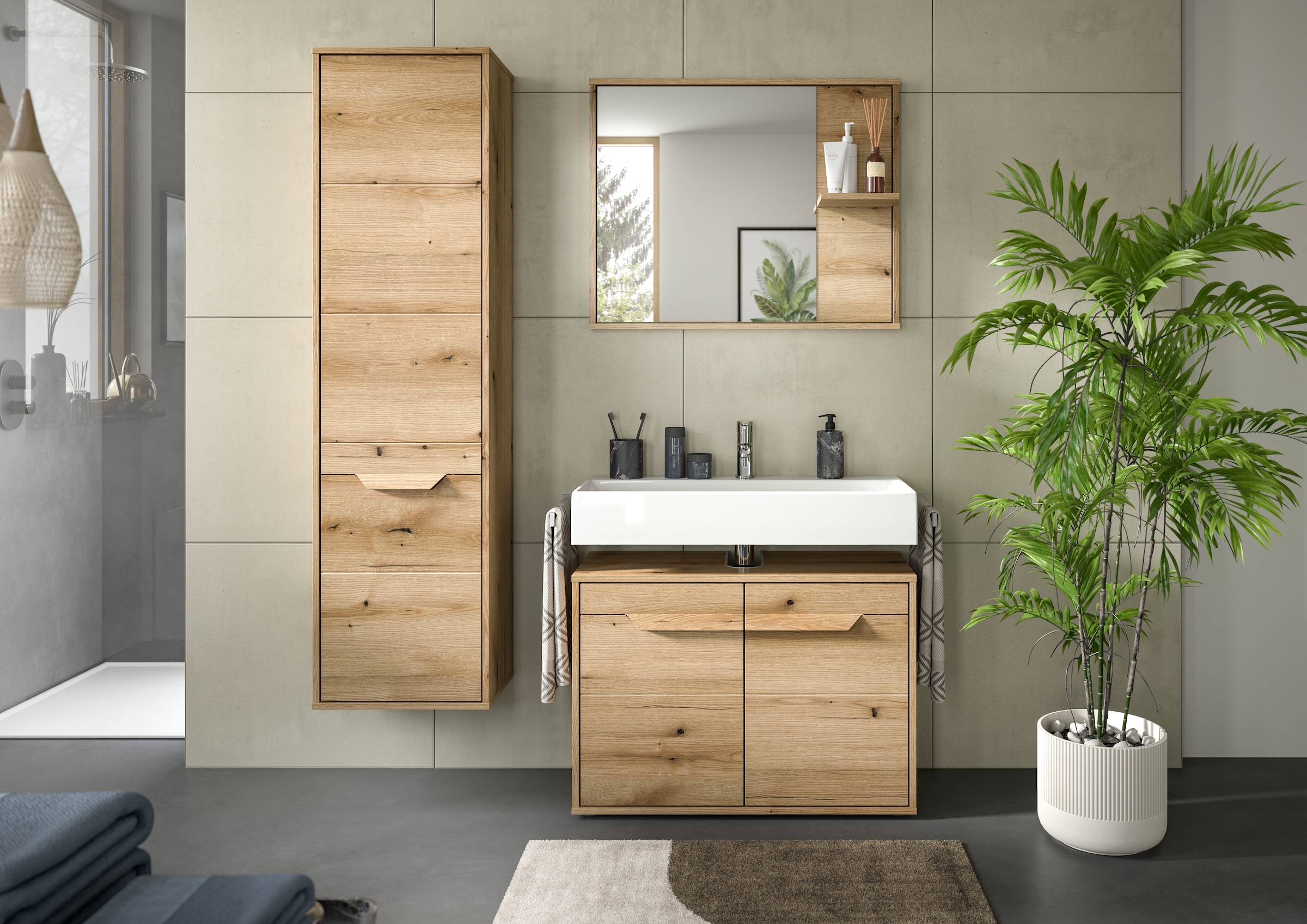 welltime Hochschrank »Kayu, Höhe 164 cm, stehend/hängend montierbar, 1 Tür, 4 Einlegeböden«, Türanschlag wechselbar, Badschrank, Bad-Möbel, Badezimmer, Bad