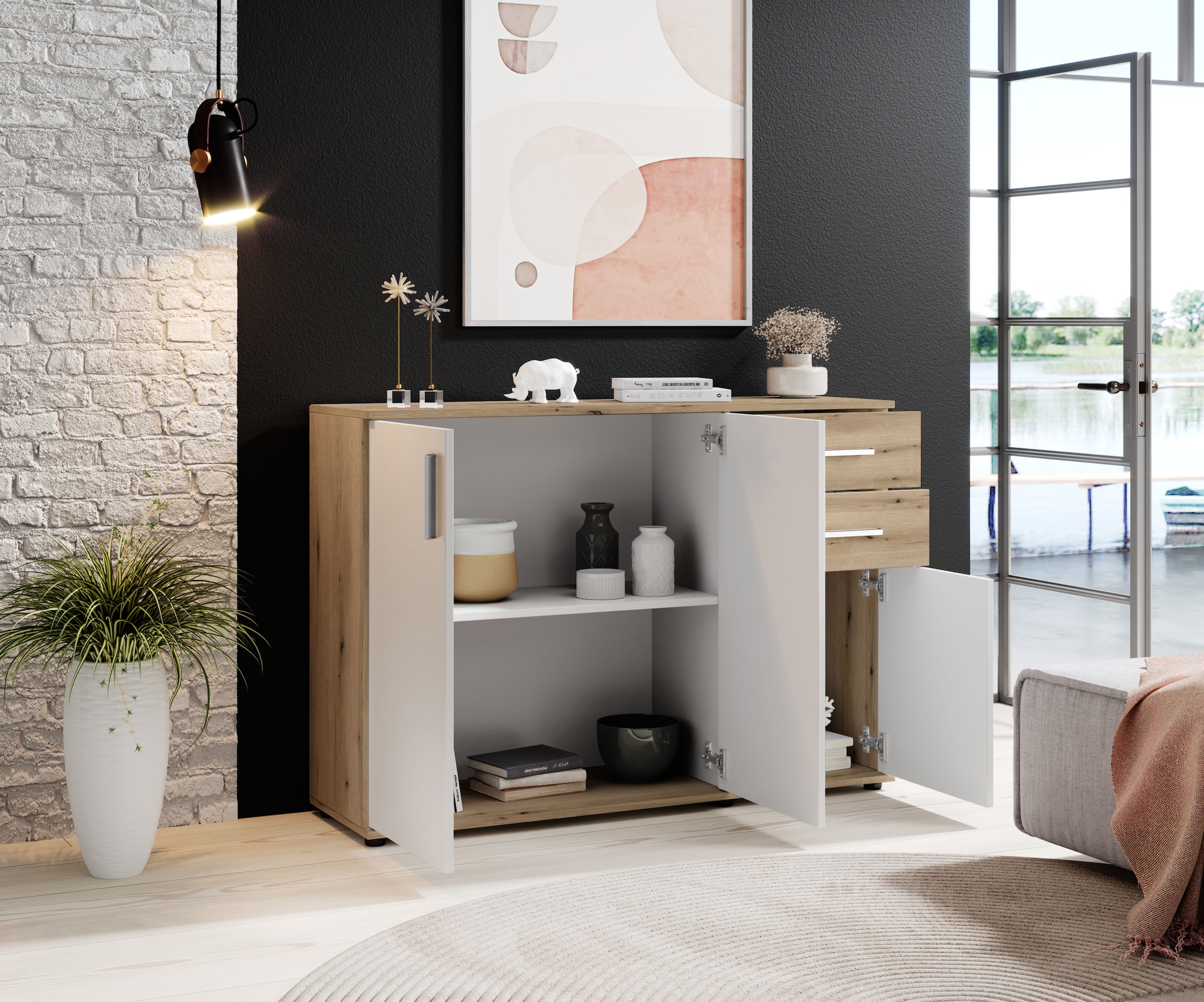 HBZ Kommode »BC-Drift-2, Sideboard Stellmaß BxHxT 120x84x35 cm«, (1 St.), Kommode mit 3 Türen, 2 Schubkästen und 1 Einlegeboden