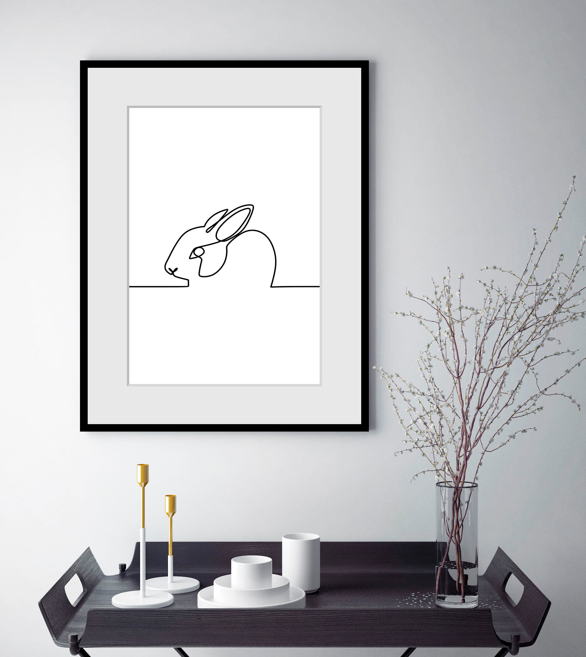 queence Bild »Picasso Hase«, Schwarz-Weiß-Kunst-Modern-Hase-Hasen-Haustiere, (1 St.), HD Premium Poster-Druck inkl. Holzrahmen