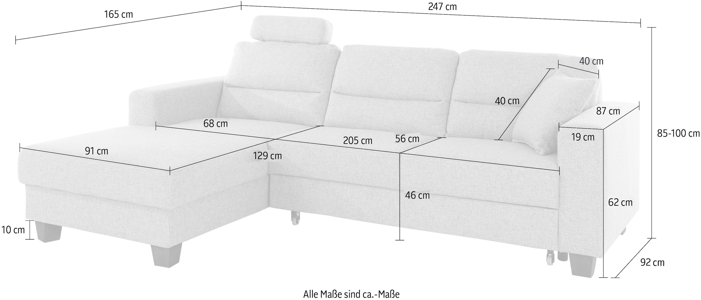 TRENDMANUFAKTUR Ecksofa »Chamber, zeitlos & modern, hoher Sitzkomfort, Breite 247cm, L-Form« inklusive einer Kopfstütze, wahlweise mit Schlaffunktion
