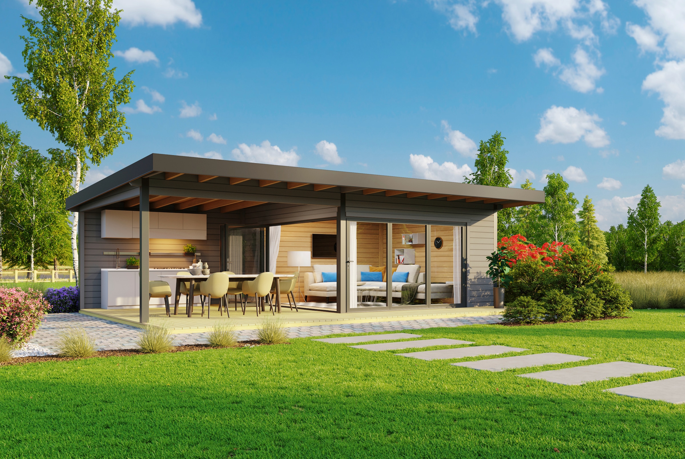LASITA MAJA Gartenhaus »DOMEO 10 CARBONGRAU/ANTHRAZIT«, (Set), mit Anbau, Fundamentmass 4000+4500 x 4500, Carbongrau