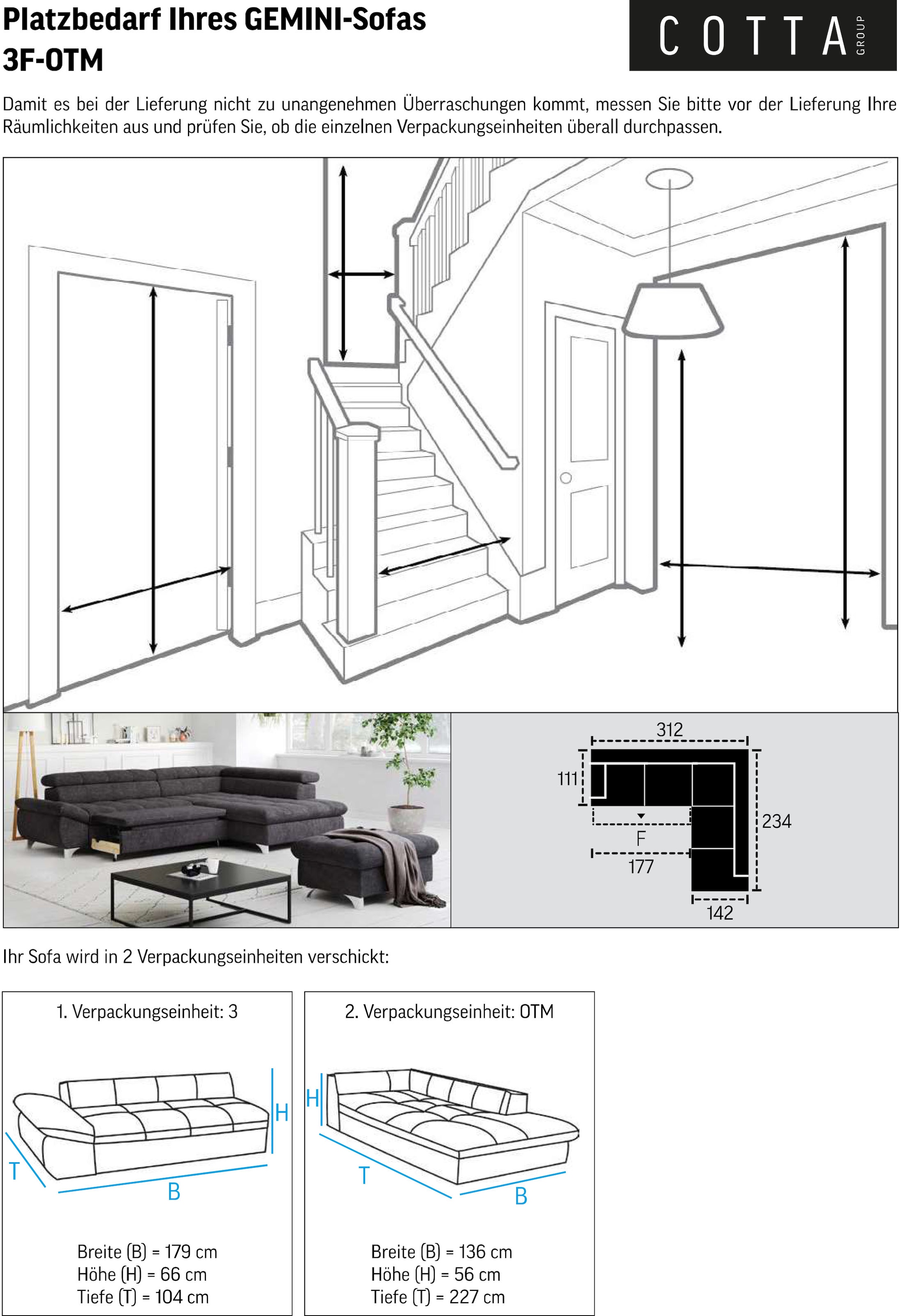 COTTA Ecksofa »Gemini L-Form«, mit Kopfteilverstellung, wahlweise mit Bettfunktion