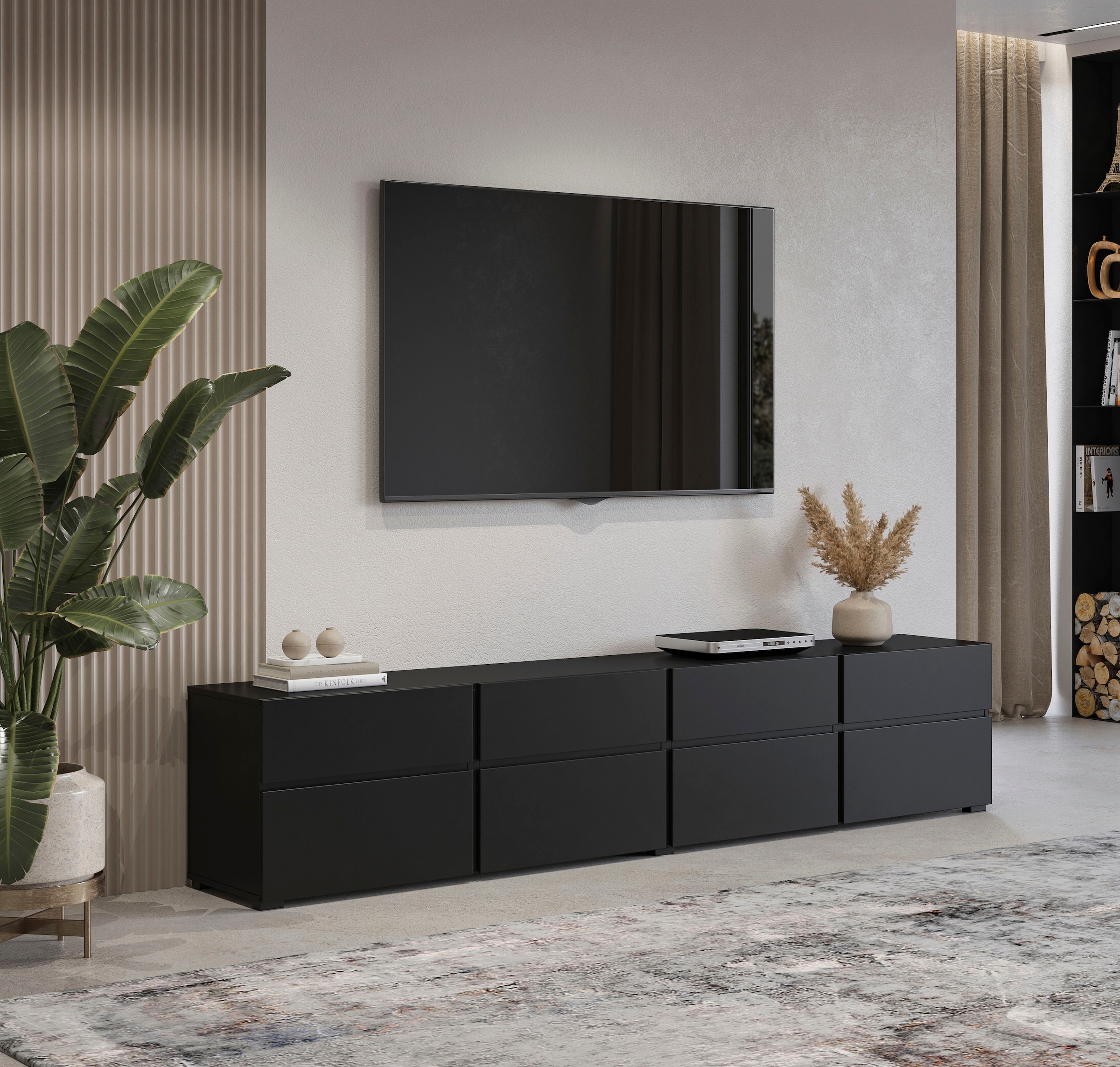 OTTO home Lowboard »Cross, moderne grifflose TV-Kommode,4 Klappen/4 Schubkästen« Breite 225 cm, TV-Schrank mit viel Stauraum, TV-Board