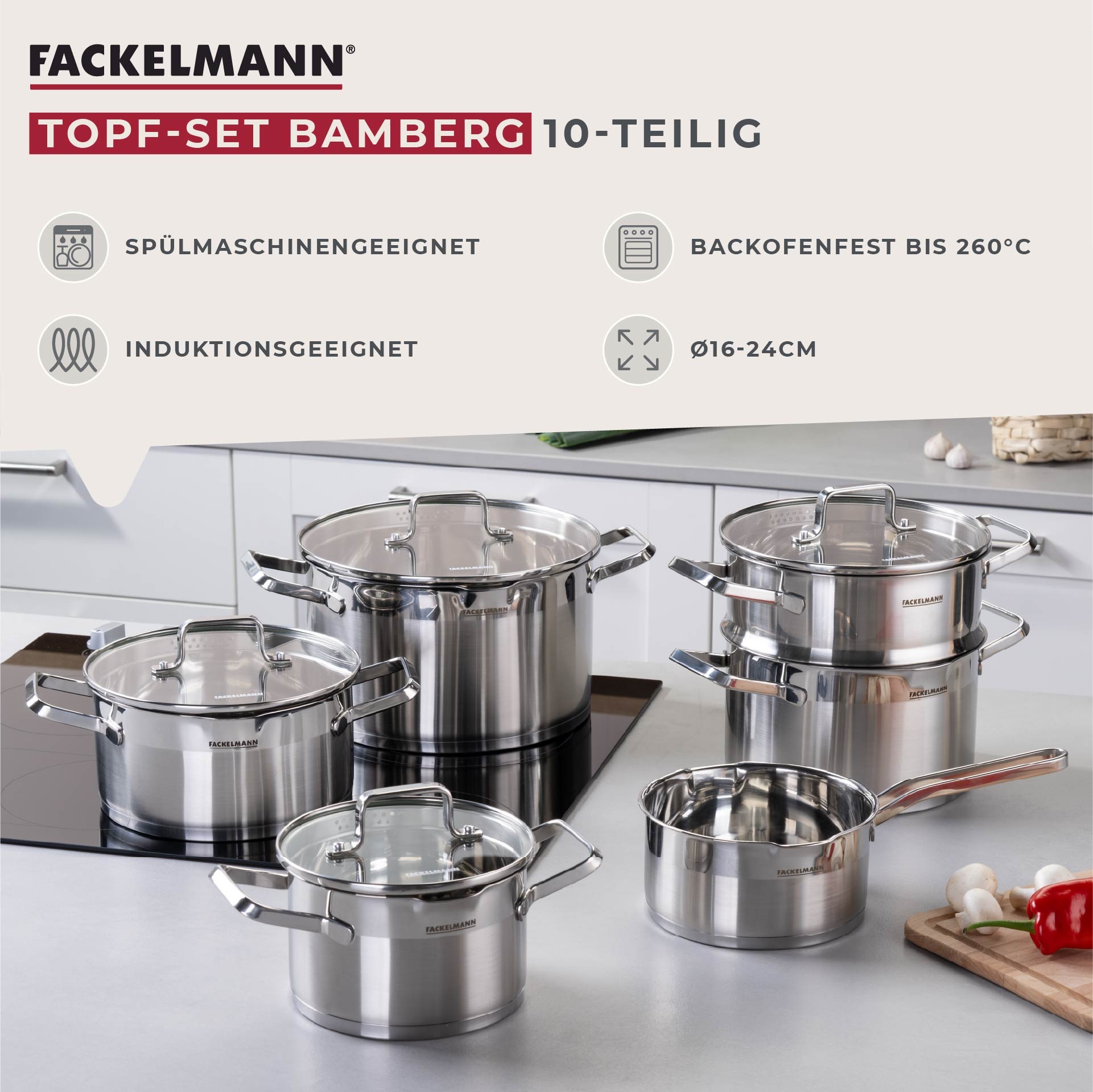 FACKELMANN Topf-Set »Bamberg, mit Dämpfeinsatz«, Edelstahl, (Set, 10 tlg.), Deckel mit Abgießfunktion