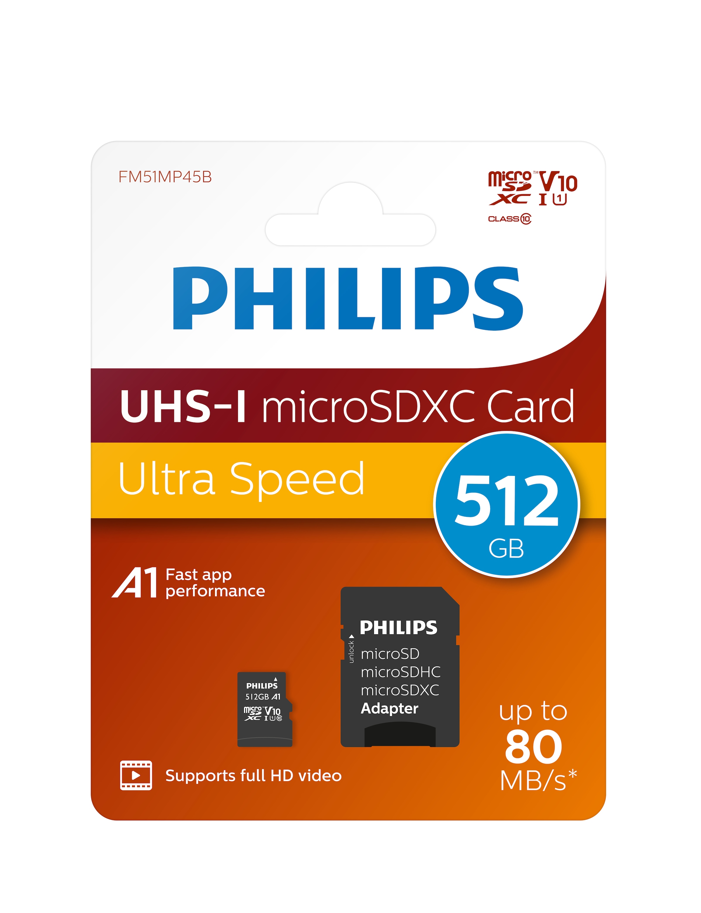 Philips Speicherkarte »MicroSDXC UHS-I CL10 U1 512GB«, (UHS-I Class 10 80 MB/s Lesegeschwindigkeit)