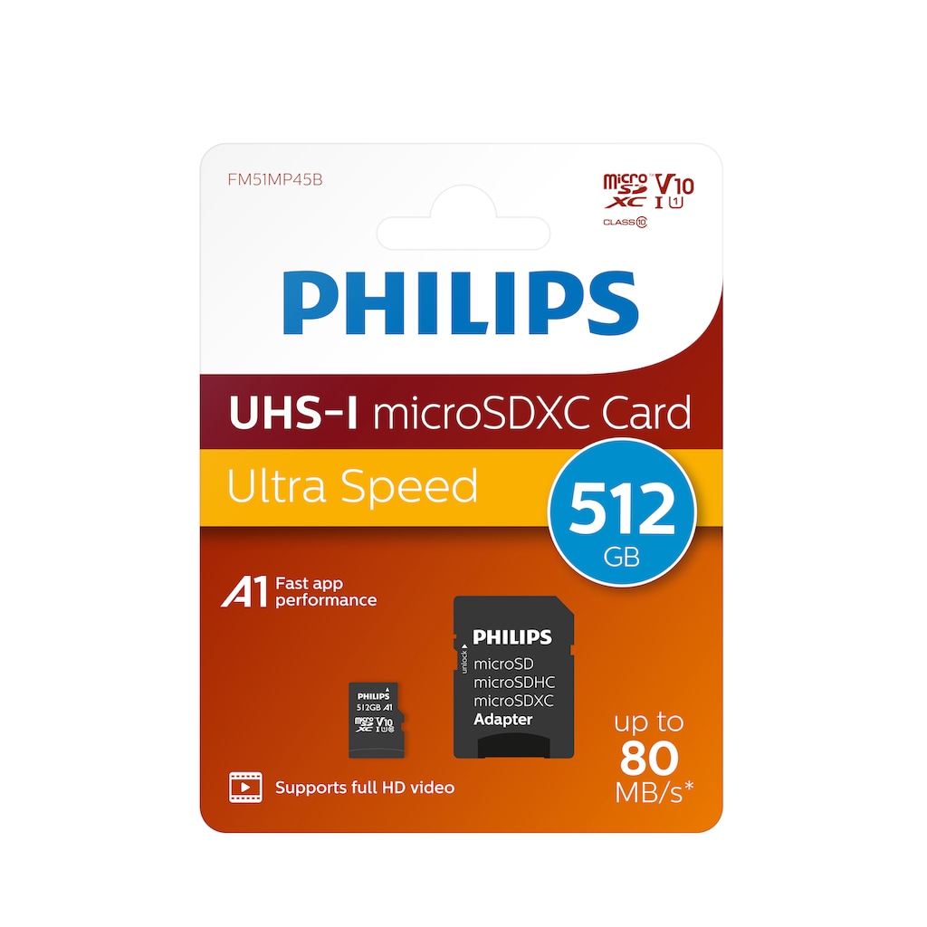 Philips Speicherkarte »MicroSDXC UHS-I CL10 U1 512GB«, (UHS-I Class 10 80 MB/s Lesegeschwindigkeit)