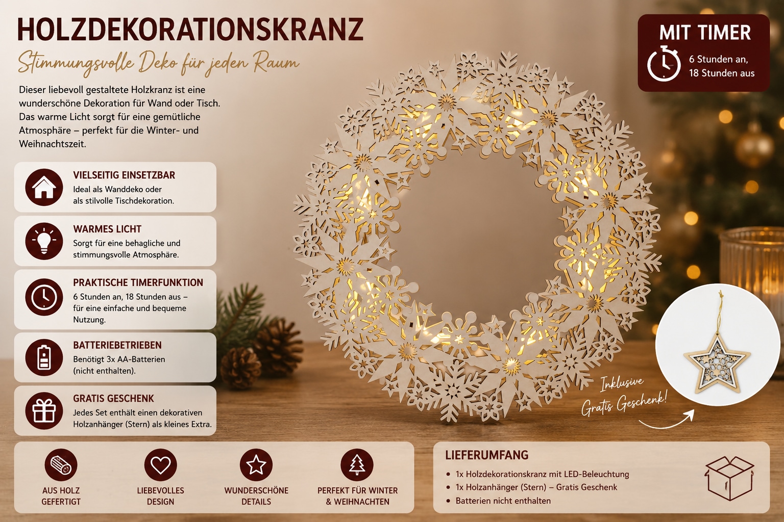 OTTO home LED Dekoobjekt »Schneeflocken Holzdekoration, 1 Stück« 1 Stk. Warmweiß Gratis-Hänger, 6h-Timer, zum Aufhängen oder hinstellen