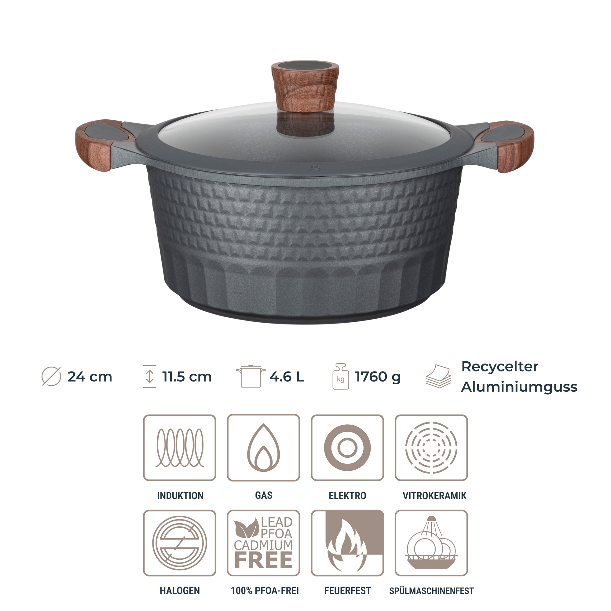 RESTO Kitchenware Topf-Set »Capella mit Deckel, antihaftbeschichtet und spülmaschinenfest« Set, 1x Stielkasserolle Ø 16 cm, je 1x Bratentopf Ø 24 cm + Ø 28 cm, 6 Stk. tlg. Aluminiumguss