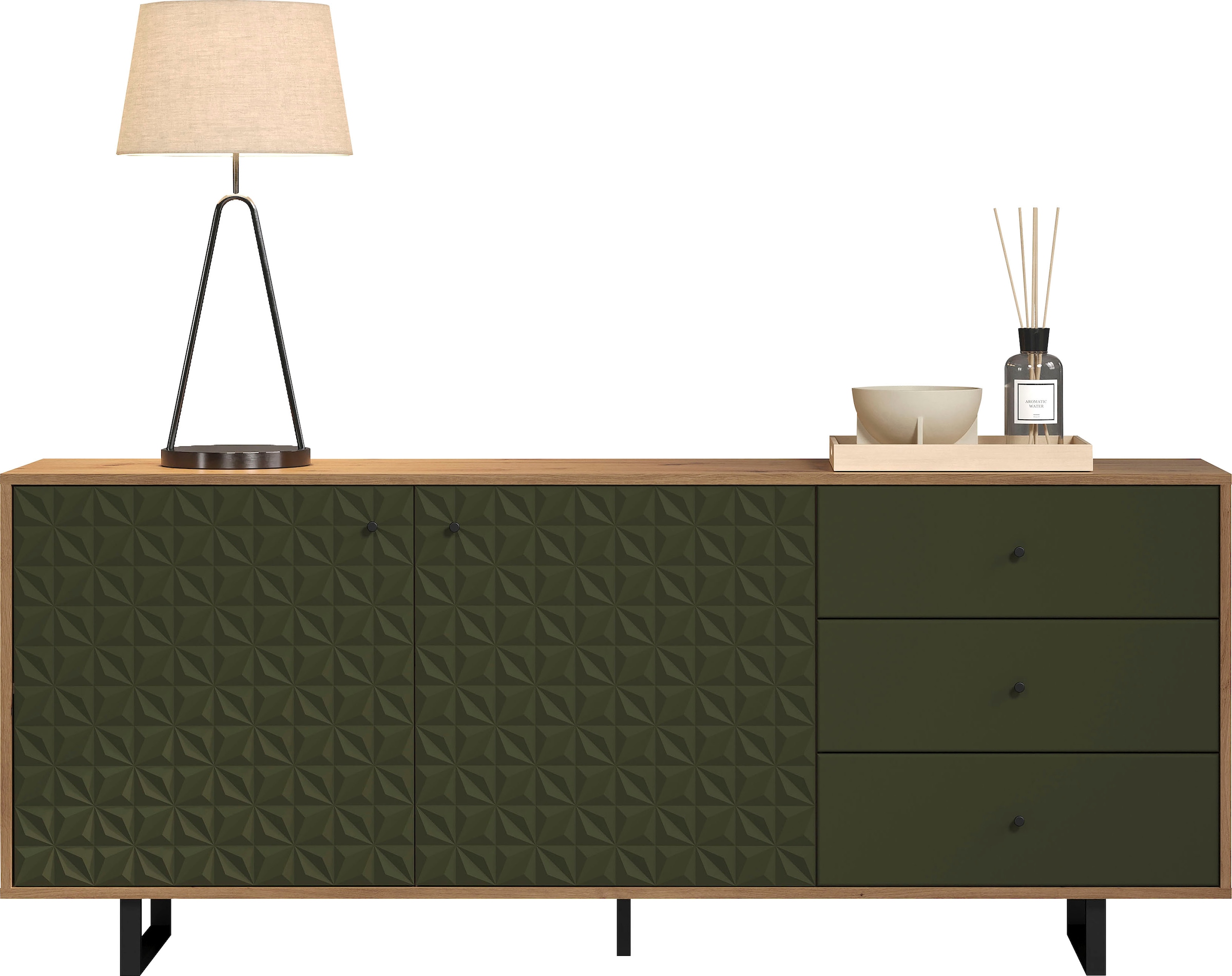 PLACES OF STYLE Sideboard »Ferretti« Wohnzimmerkommode mit besonderer Fräsung und Füße/Griffe aus Metall