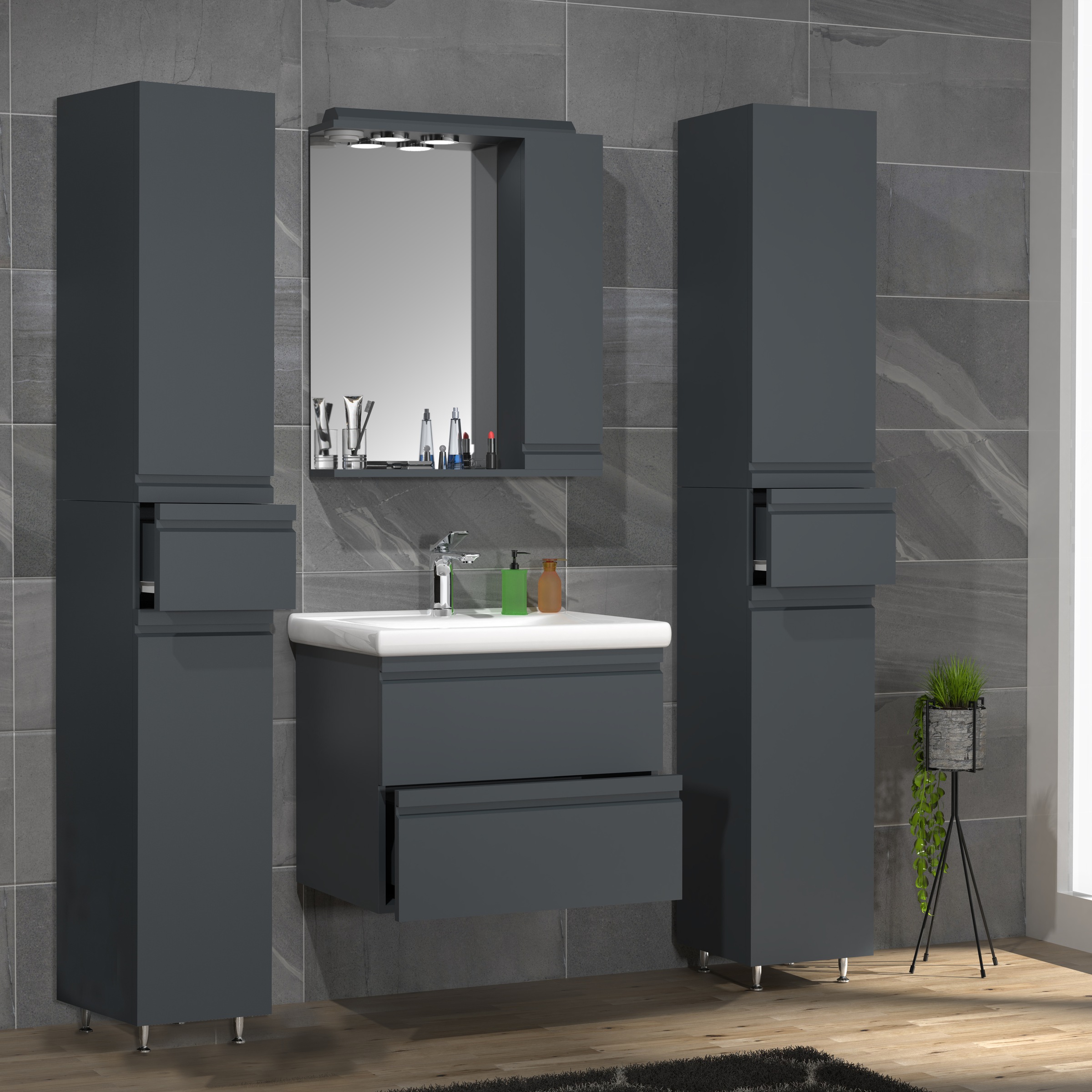 VCM Waschbeckenunterschrank »VCM 5-tlg. Waschplatz Waschtisch 60 cm Badmöbel Set Waschbecken grifflose Schublade Spiegelschrank Hochschrank Silora L«, (5 St.)