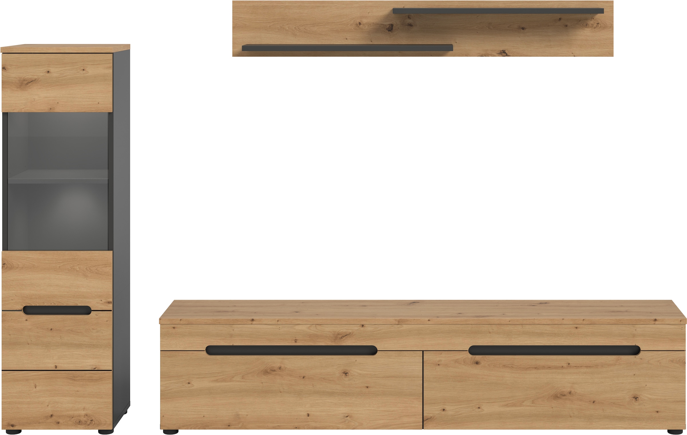 Home affaire Wohnwand »REHAT, TOPSELLER!, 3-teilig, inkl. Beleuchtung, stehend oder hängend« Set bestehend aus: Vitrine inkl. Beleuchtung, Lowboard und Wandboard, 3 Stk. tlg.