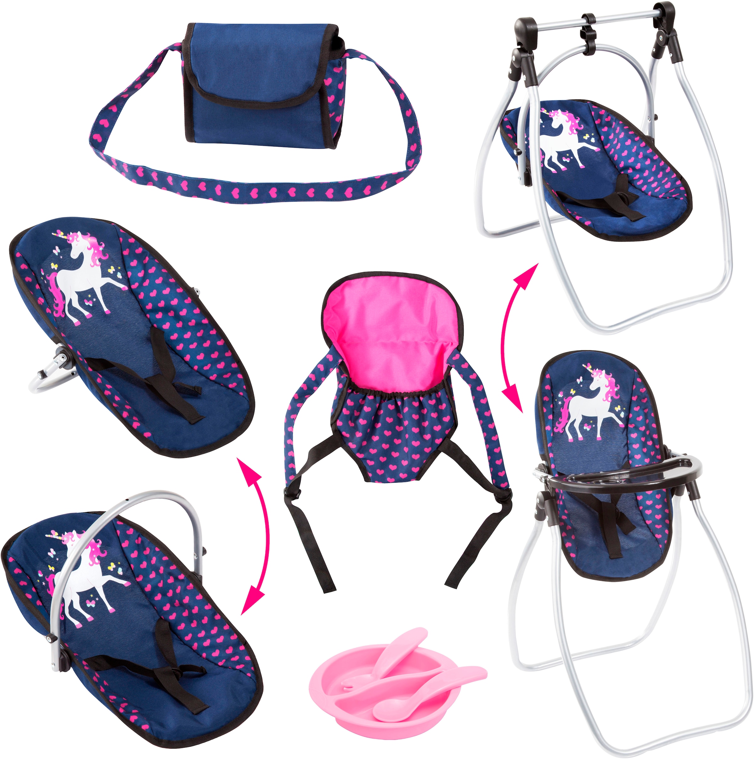 Bayer Puppen Accessoires-Set »Vario blau/pink«, (Set, 6 tlg.), mit multifunktionalem Sitz