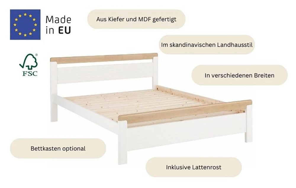 Home affaire Massivholzbett »"CAPRE" im skandinavischem Landhausstil«, in verschiedenen Breiten, zertifiziertes Massivholz, Lamellenoptik