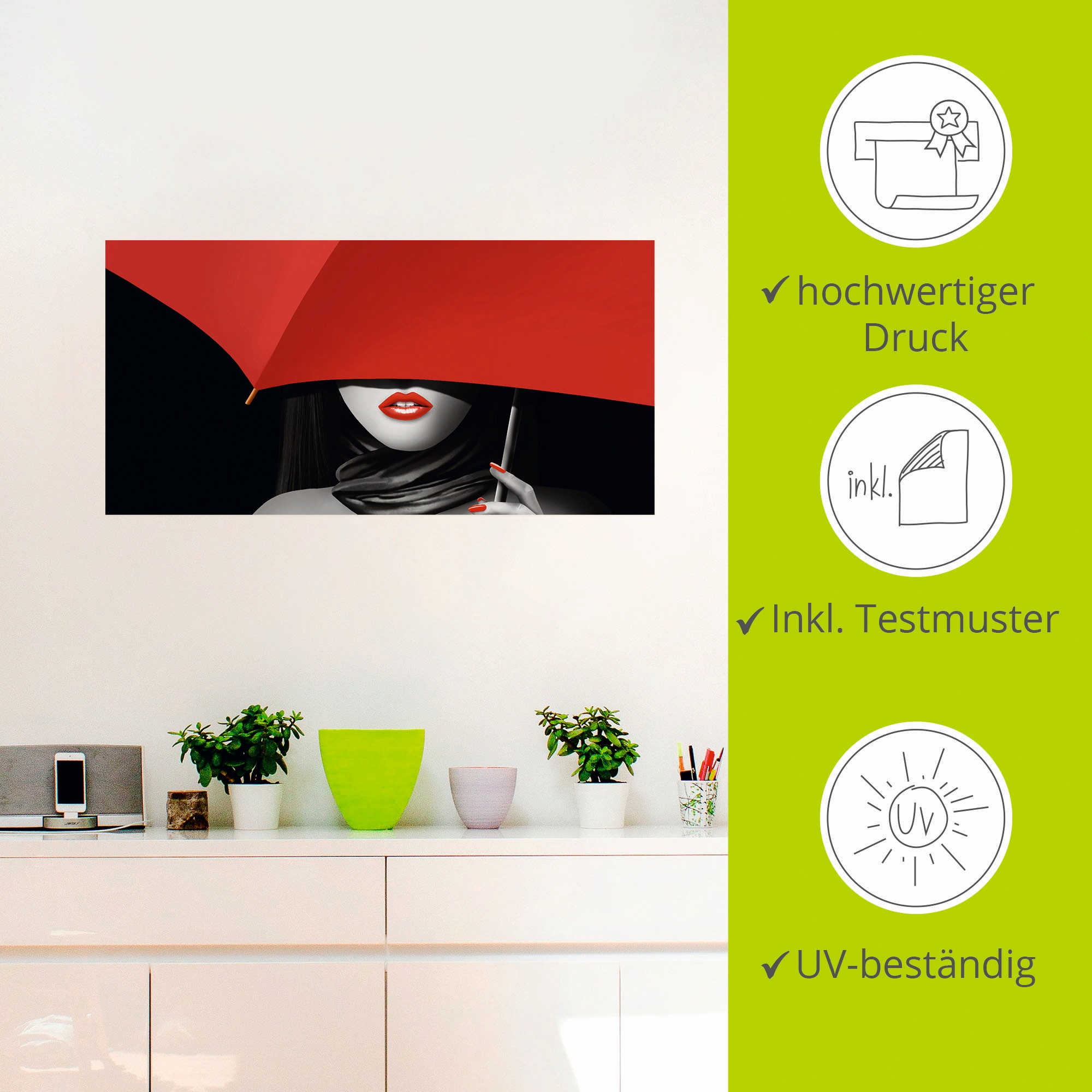 Artland Wandbild »Rote Lippen unter dem Regenschirm«, Frau, (1 St.), als Alubild, Outdoorbild, Poster, Wandaufkleber in verschied. Größen