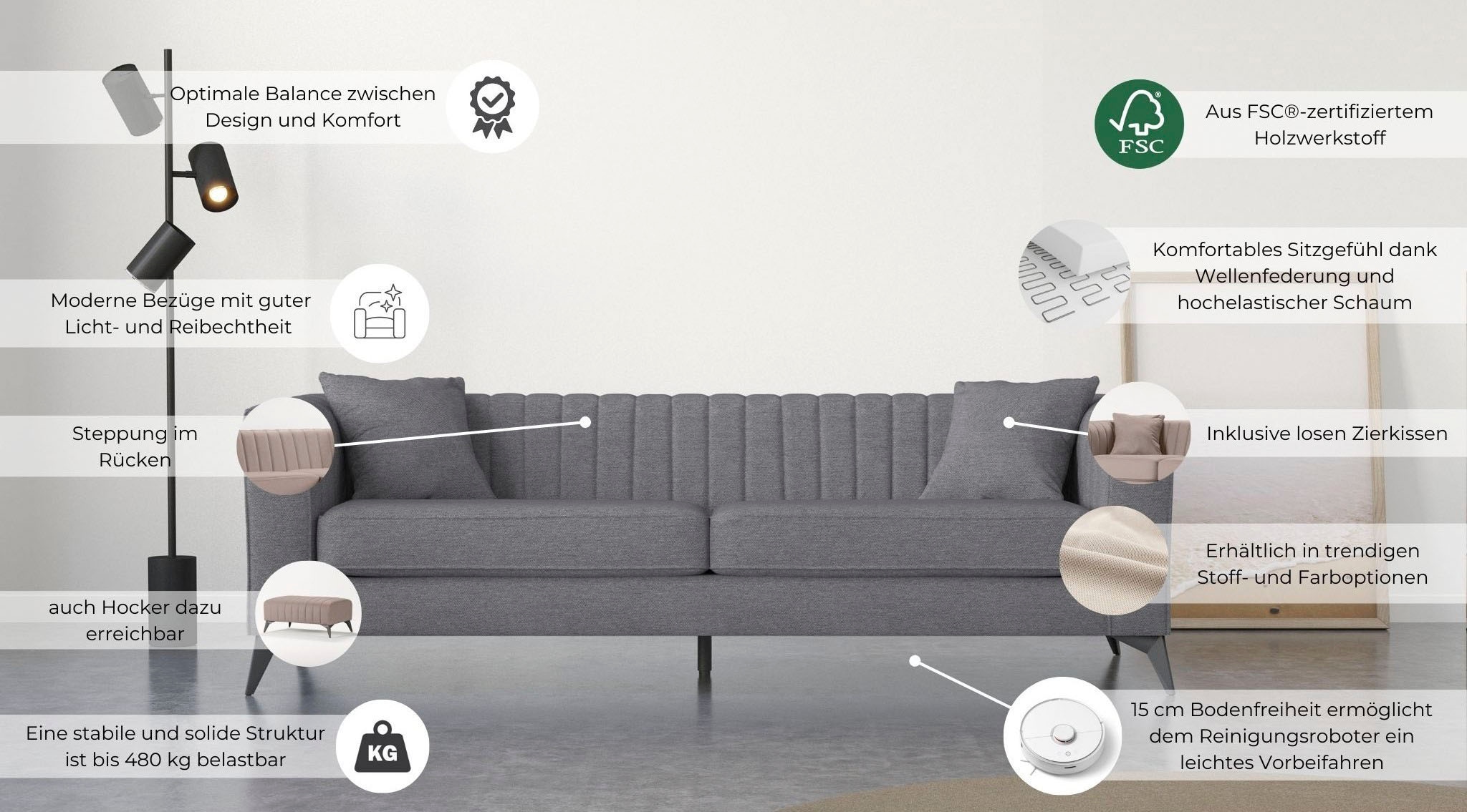 PLACES OF STYLE 4-Sitzer »MATTHEW elegantes Designsofa, Maße B/T/H: 231/86/74 cm« XXL, Steppung im Rücken, lose Sitzkissen, incl 2. Zierkissen