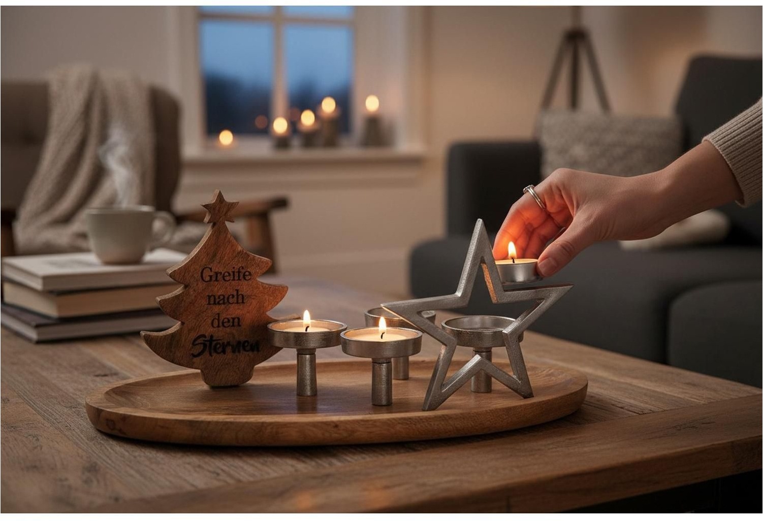 GILDE Kerzentablett »Adventsleuchter Sternmotiv, naturfarben, silberfarben«