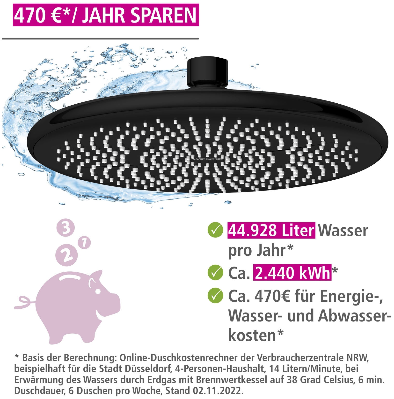 WENKO Regenduschkopf »Watersaving«, (1 tlg.), Ø 22,5 cm