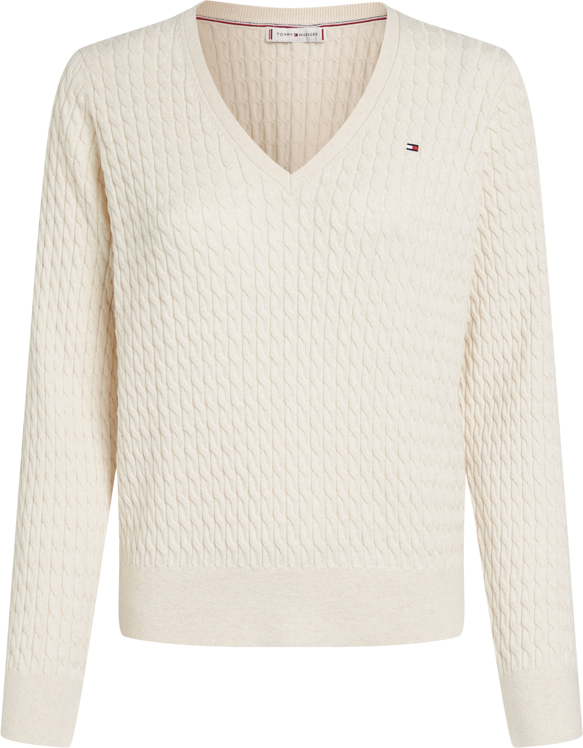 Tommy Hilfiger V-Ausschnitt-Pullover »CO CABLE V-NK LS SWT« mit Zopfmuster, Logostickerei