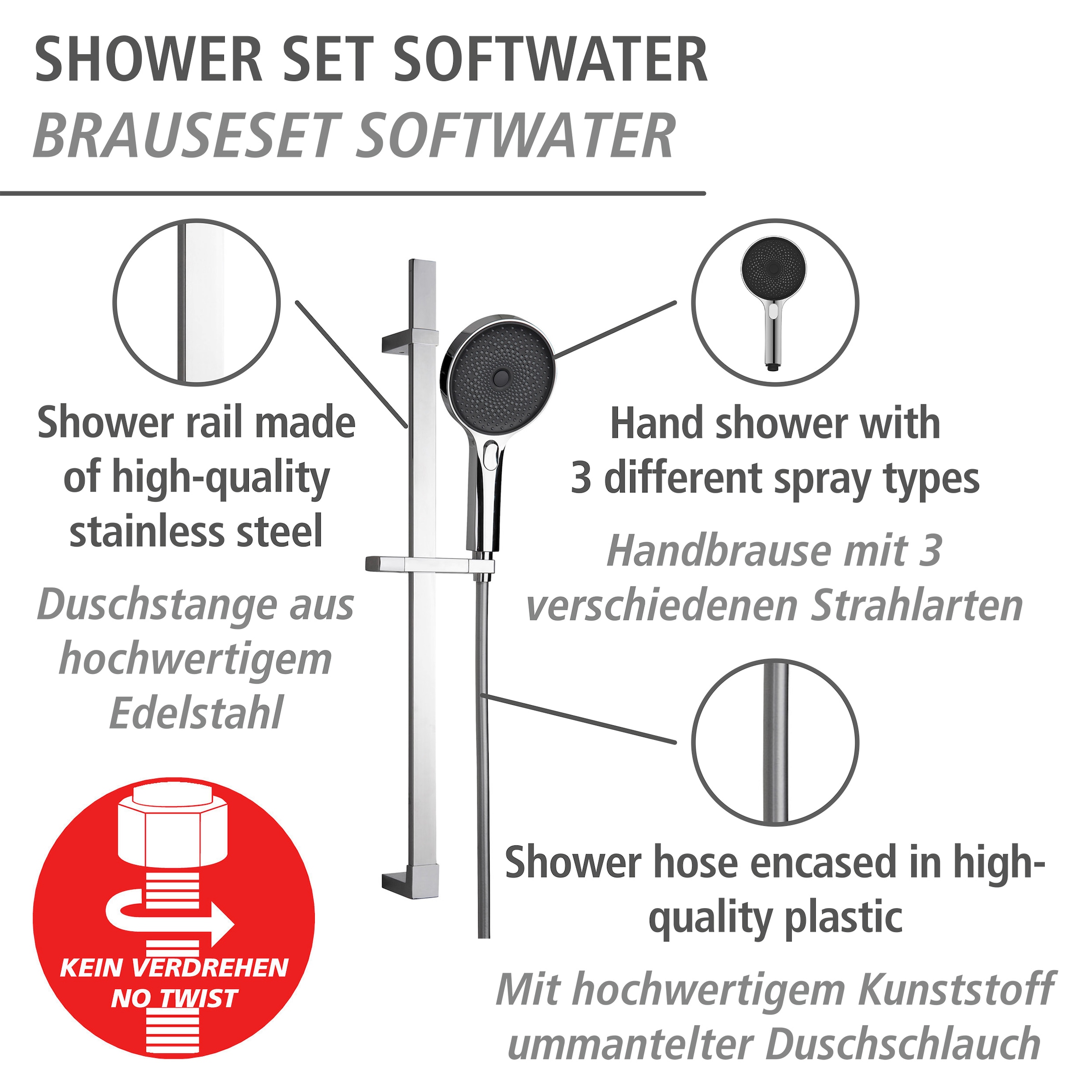 WENKO Stangenbrause-Set »Softwater«, Chrom, Länge Stange: 68 cm