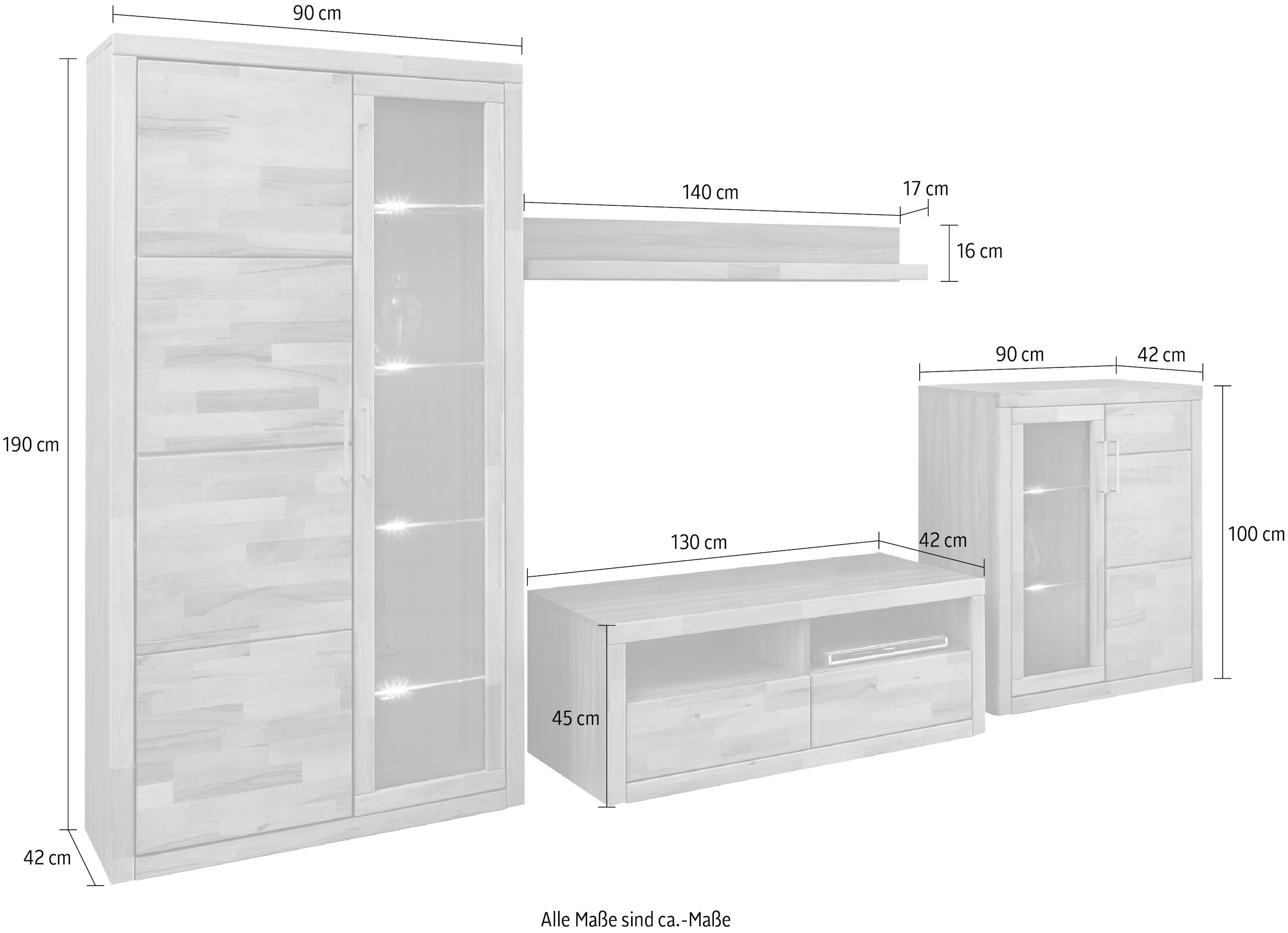 OTTO home Wohnwand »Logo,Fronten Massivholz,Korpus Holzwekstoff,viel Stauraum« Set, 4 Stk. tlg.
