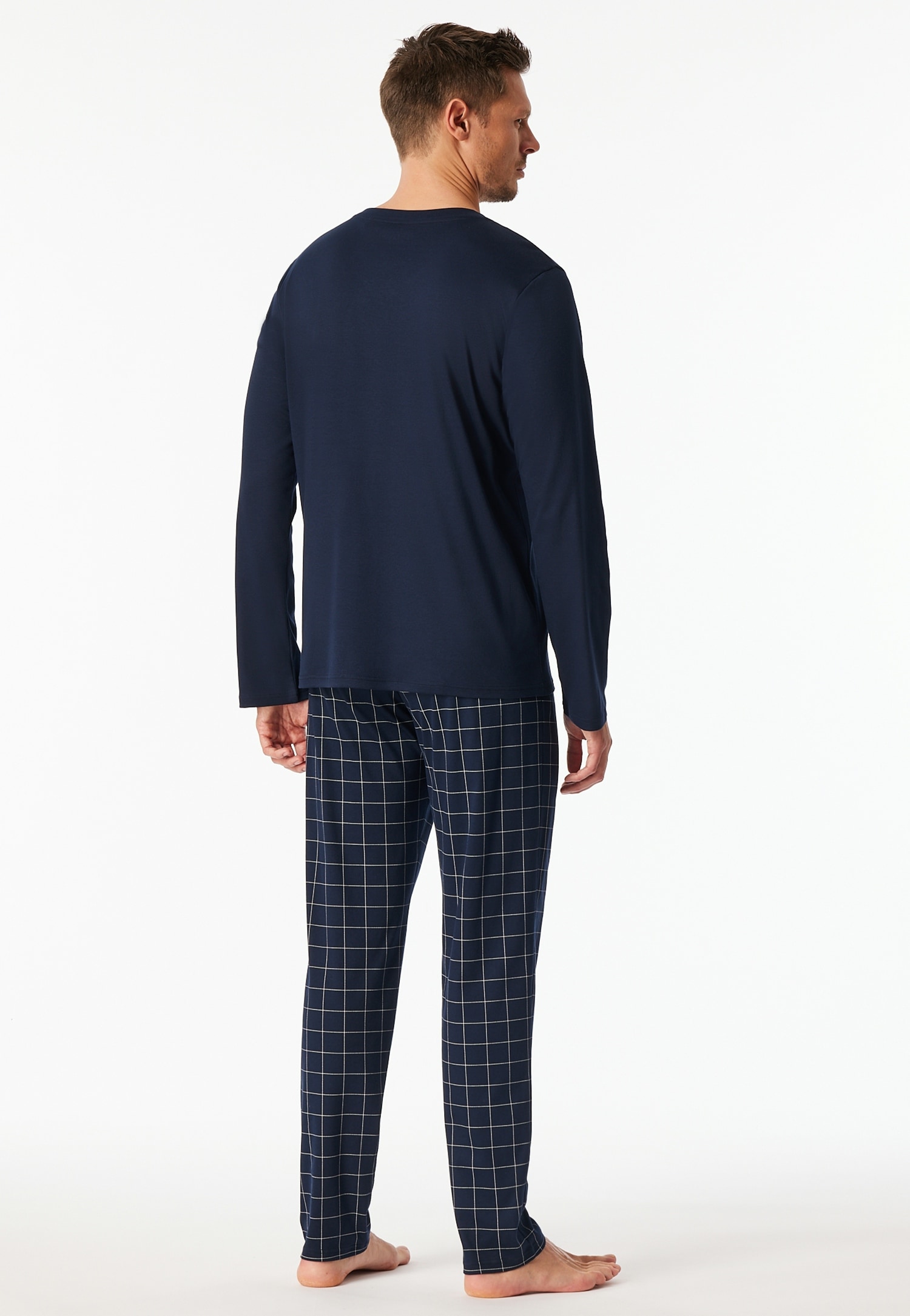 Schiesser Pyjama »Fine Interlock« 2 tlg. Oberteil in Uni, karierte Hose, V-Neck, Langarm, Baumwolle
