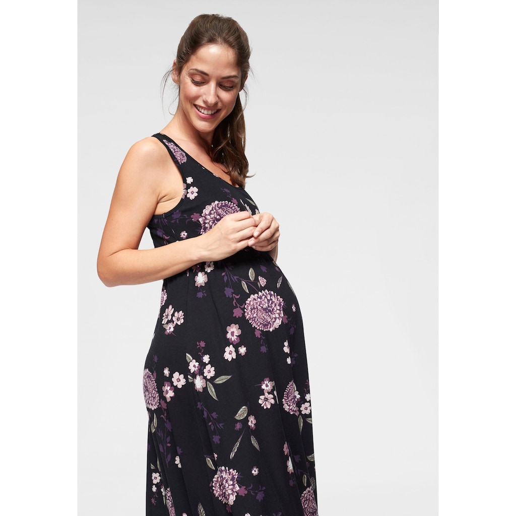 Neun Monate Umstandskleid », Für Schwangerschaft und Stillzeit«, in fließender Form und mit Blumenmuster