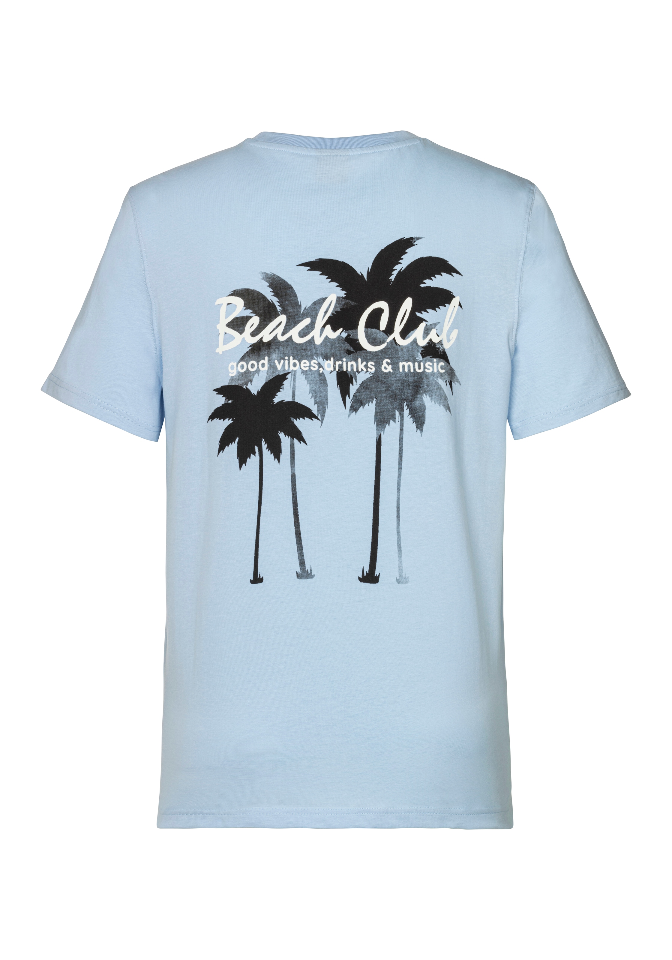 Beachtime T-Shirt », Shirt mit modischem Palmen Print« Regular-Fit, mit kleinem Print vorn und großem Print hinten