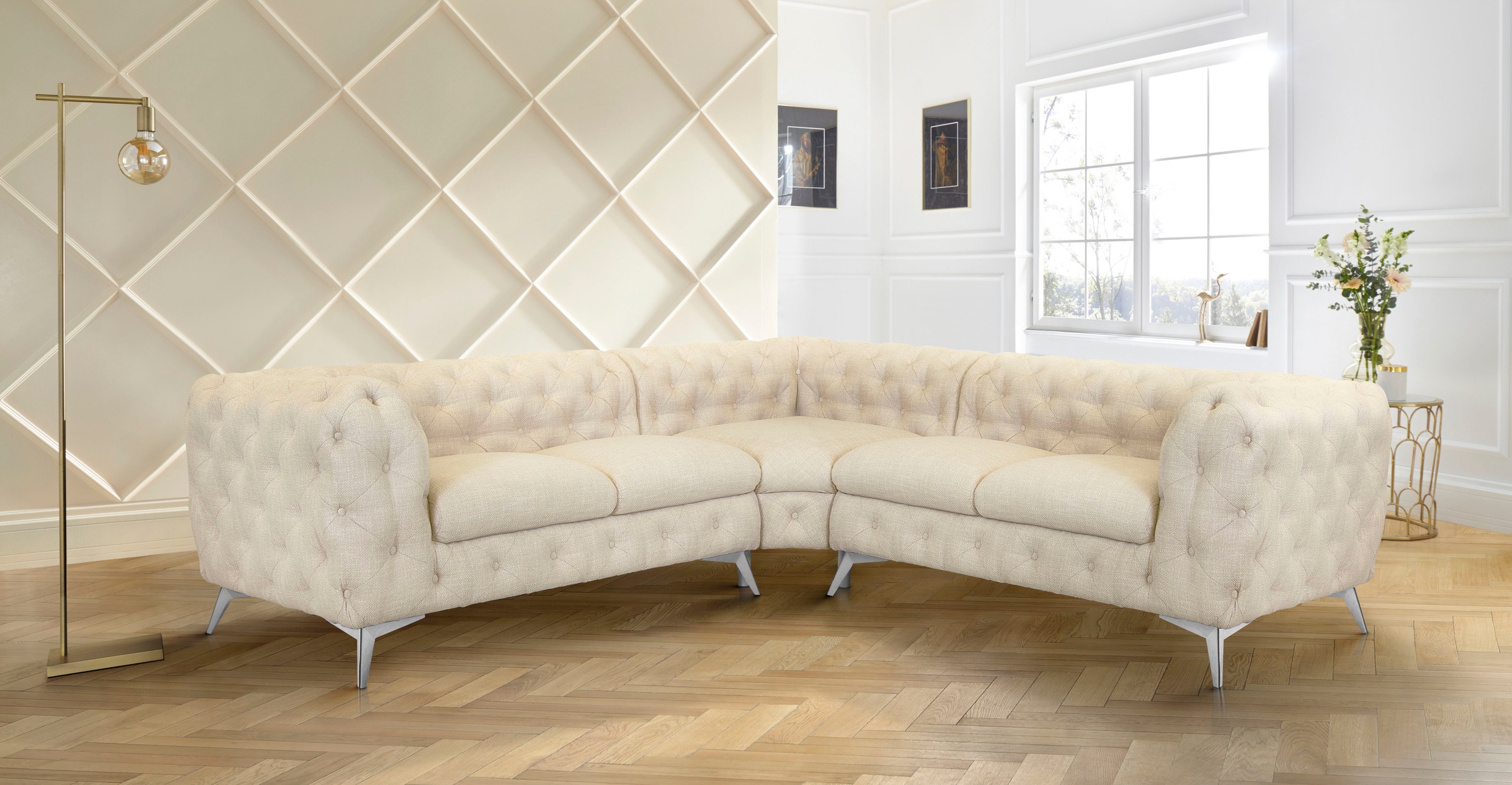 Leonique Chesterfield-Sofa »Ecksofa GLYNIS L-Form mit Wellenunterfederung, Maße B/T/H 264/264/75cm«, aufwändige Knopfheftung, moderne Chesterfield Optik, Fußfarbe wählbar