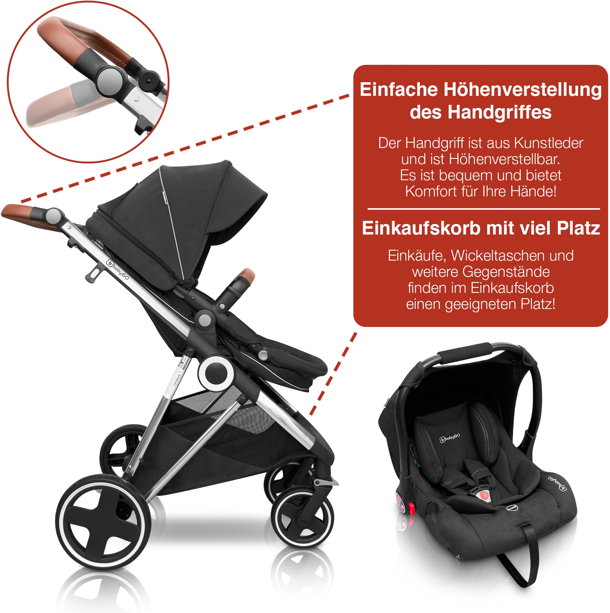 BabyGo Kombi-Kinderwagen »Halime 3in1«, inklusive Babywanne, Babyschale, Regenhaube & Wickeltasche