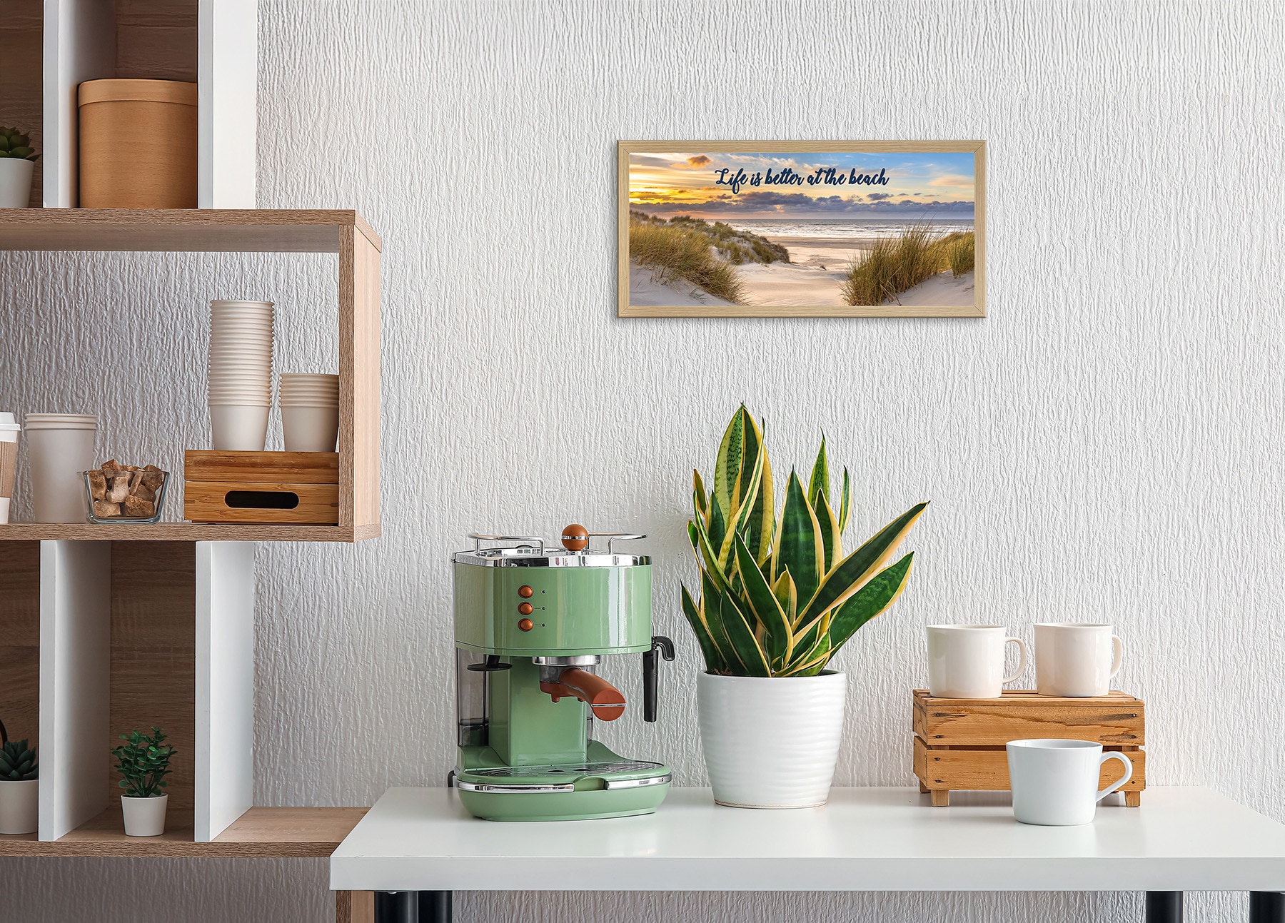 Bönninghoff Bild mit Rahmen »Wandbild gerahmt STRAND MIT SPRUCH 23x49 cm – Natur Wanddeko modern« Sonnenaufgang & -untergang | Sonnenuntergang | Sprüche | Sprüche & Texte | Strand | Strandbilder 1 Stk. tlg. mit dekorativem Rahmen