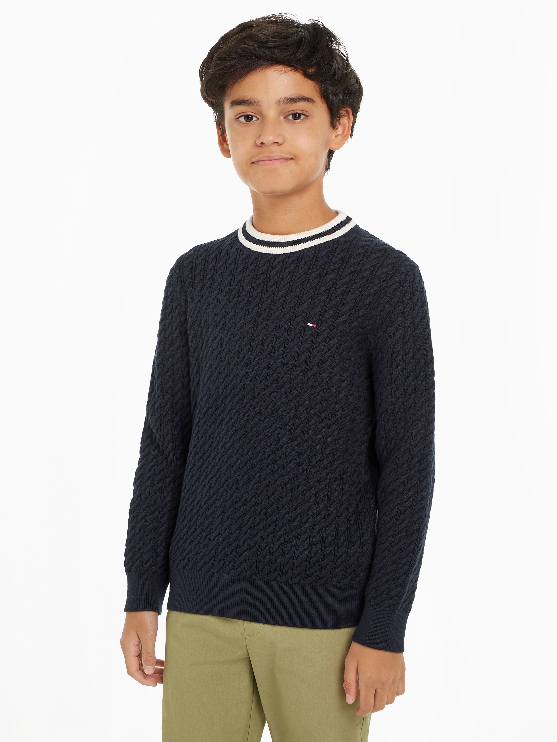 Rundhalspullover »RINGER CABLE SWEATER«, Kinder bis 16 Jahre, allvover mit Zopfmuster