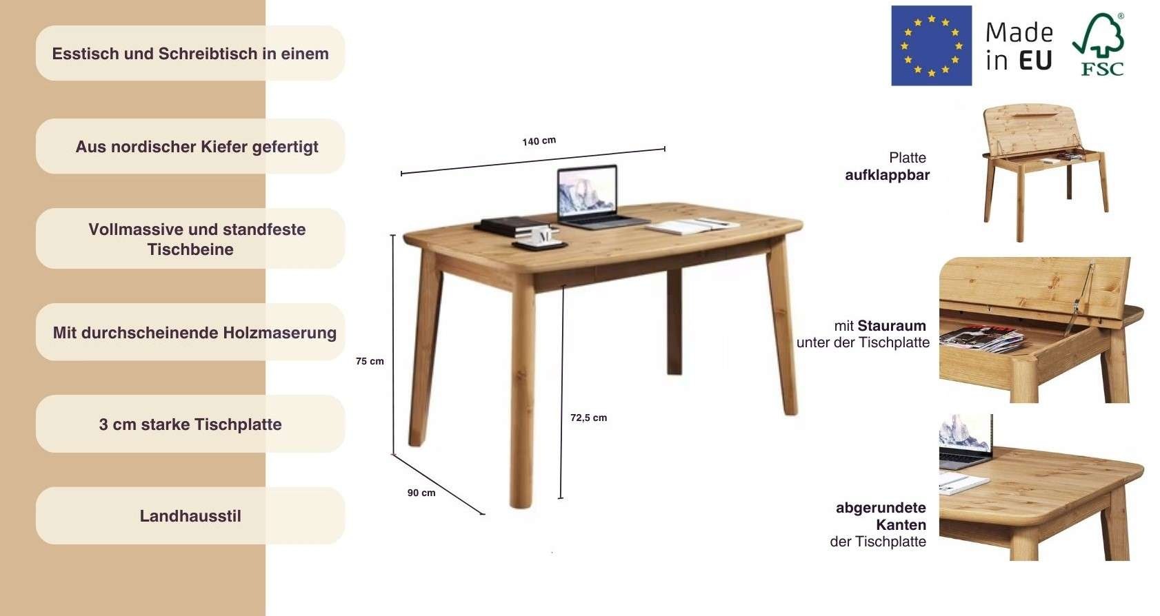 Home affaire Esstisch »Palermo, multifunktionaler Tisch, Arbeitstisch, Schreibtisch«, mit Stauraum, Platte aufklappbar, Home Office Schreibtisch, Massivholz