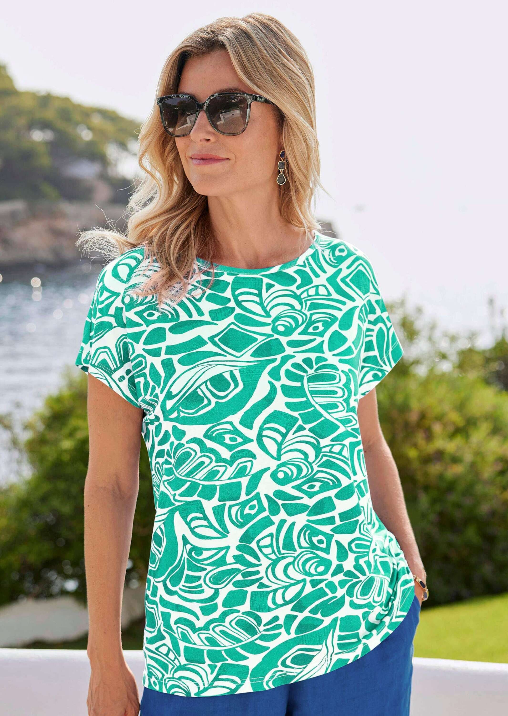GOLDNER Print-Shirt »Kurzgröße Damen Oberteil Ethnoprint Kurzarm« Druck mit Struktureffekt